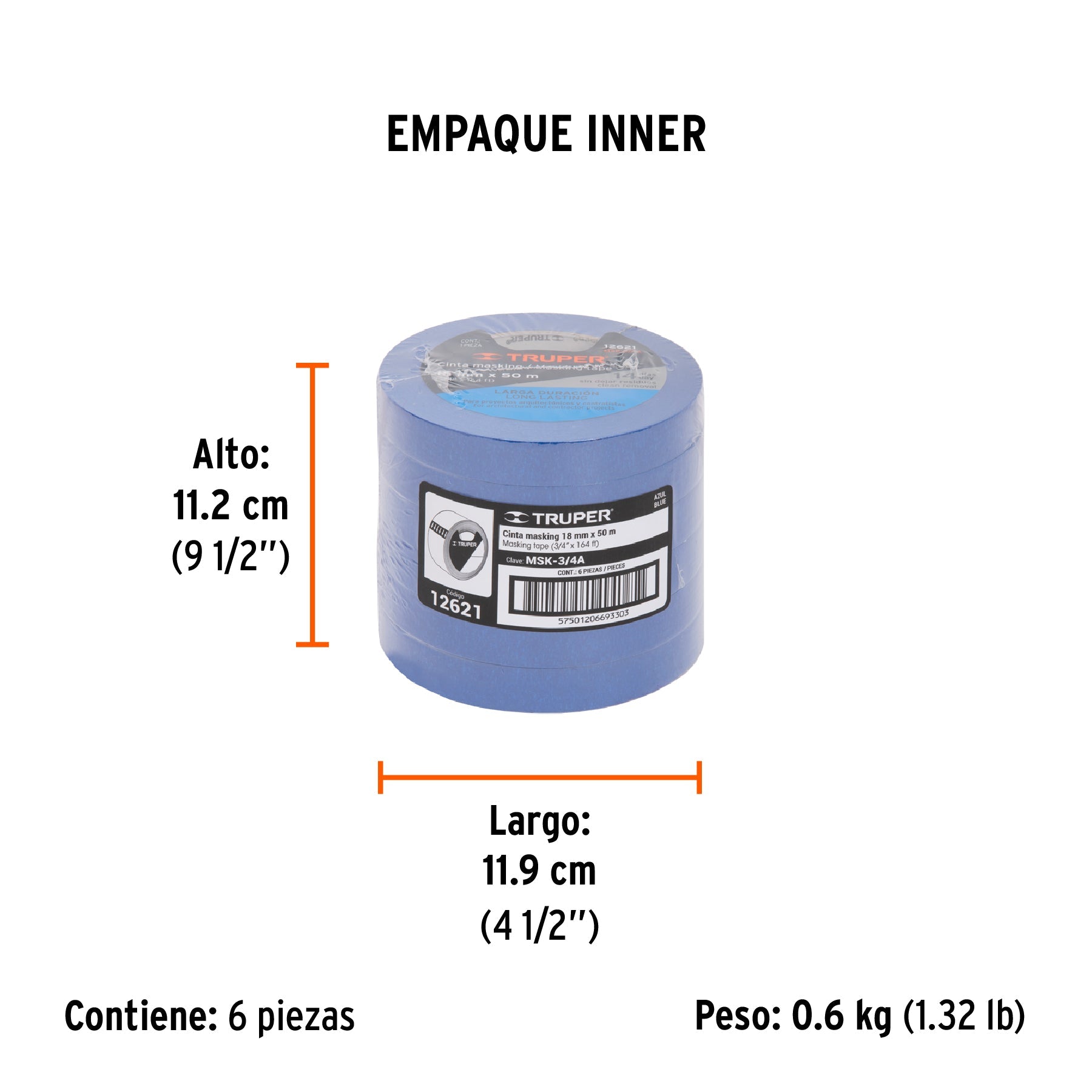 Cinta masking tape azul de 3/4" x 50 m para pintor, TRUPER - Empaque