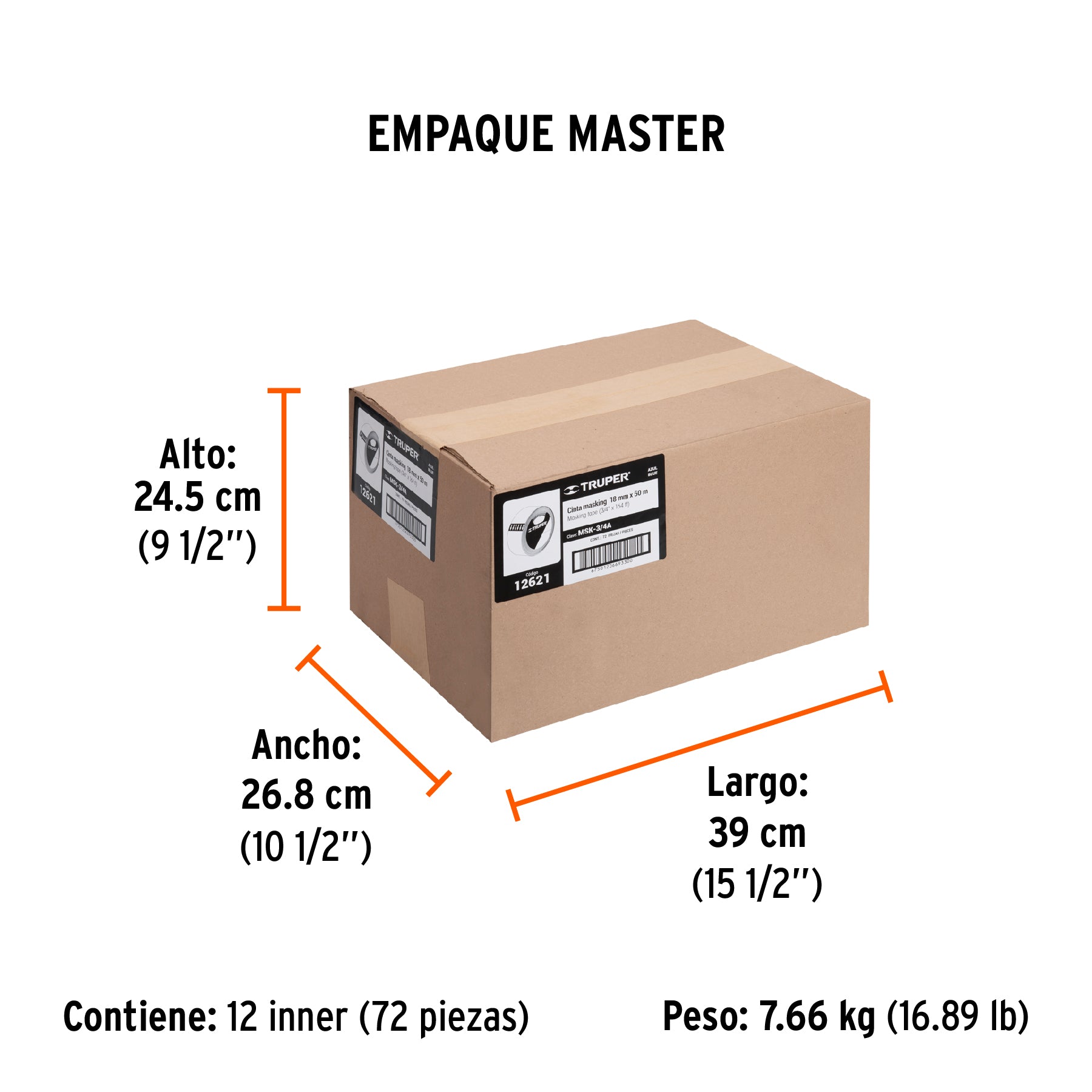 Cinta masking tape azul de 3/4" x 50 m para pintor, TRUPER - Empaque
