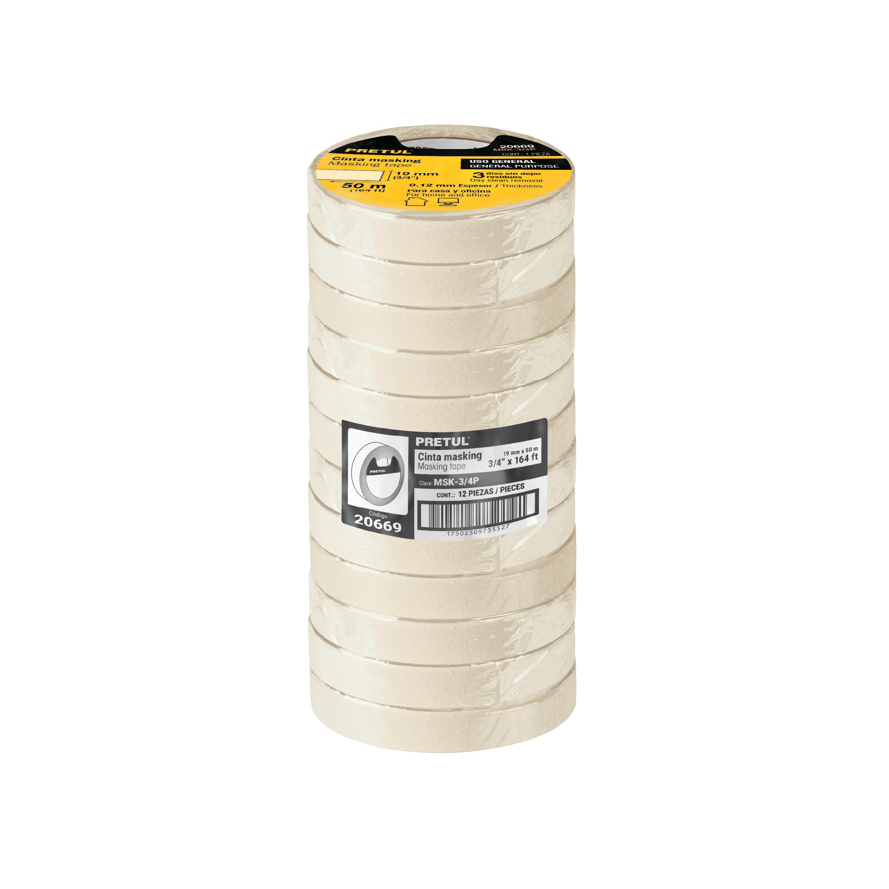 Cinta masking tape de 3/4" x 50 m, PRETUL