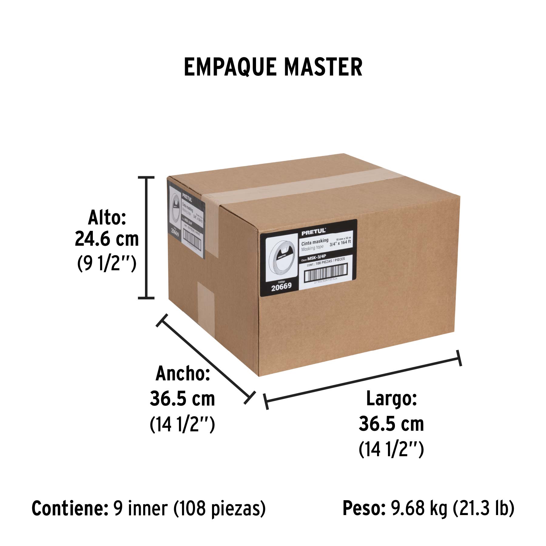 Cinta masking tape de 3/4" x 50 m, PRETUL - Empaque