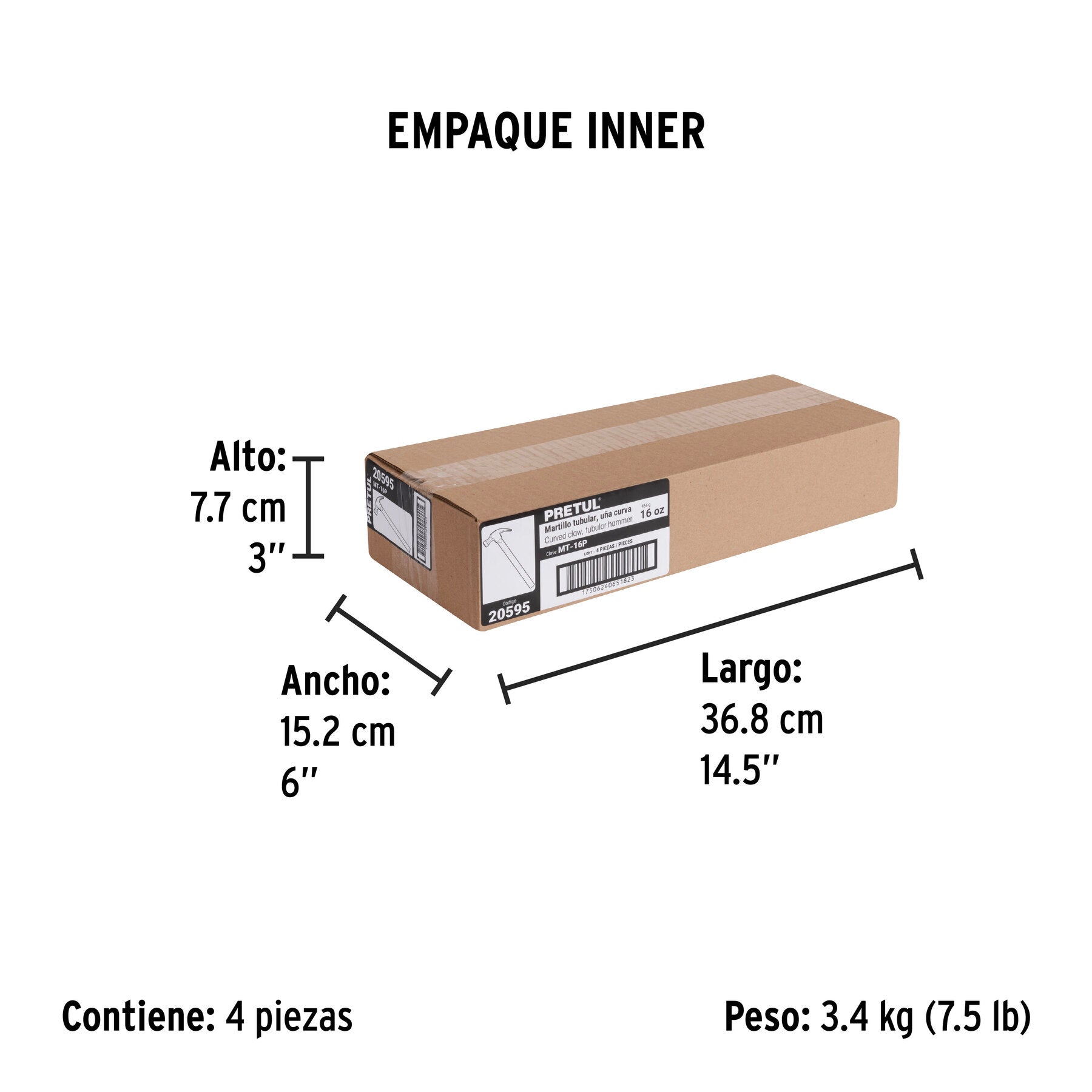 Martillo uña curva 16 oz, mango tubular, PRETUL - Empaque