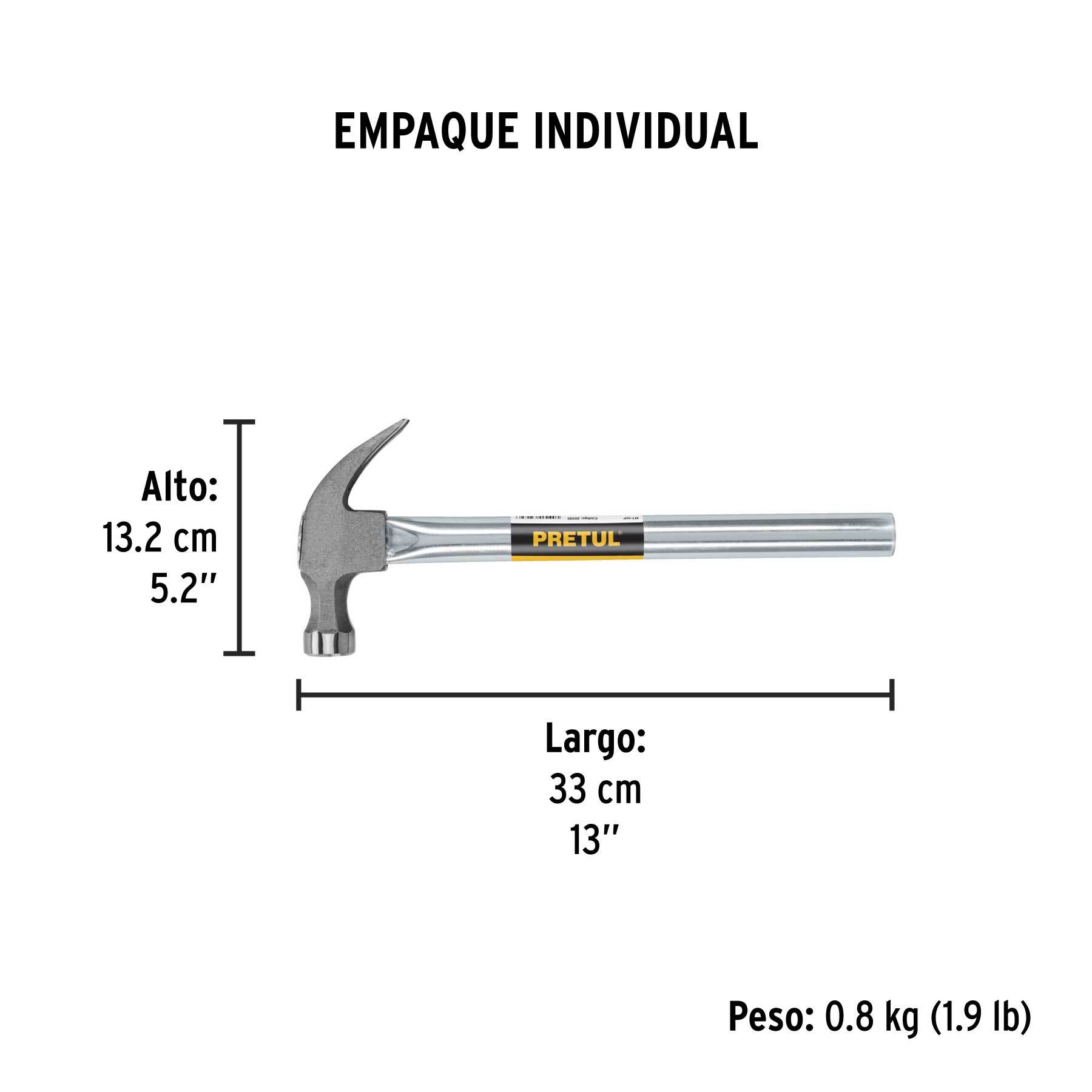 Martillo uña curva 16 oz, mango tubular, PRETUL - Empaque