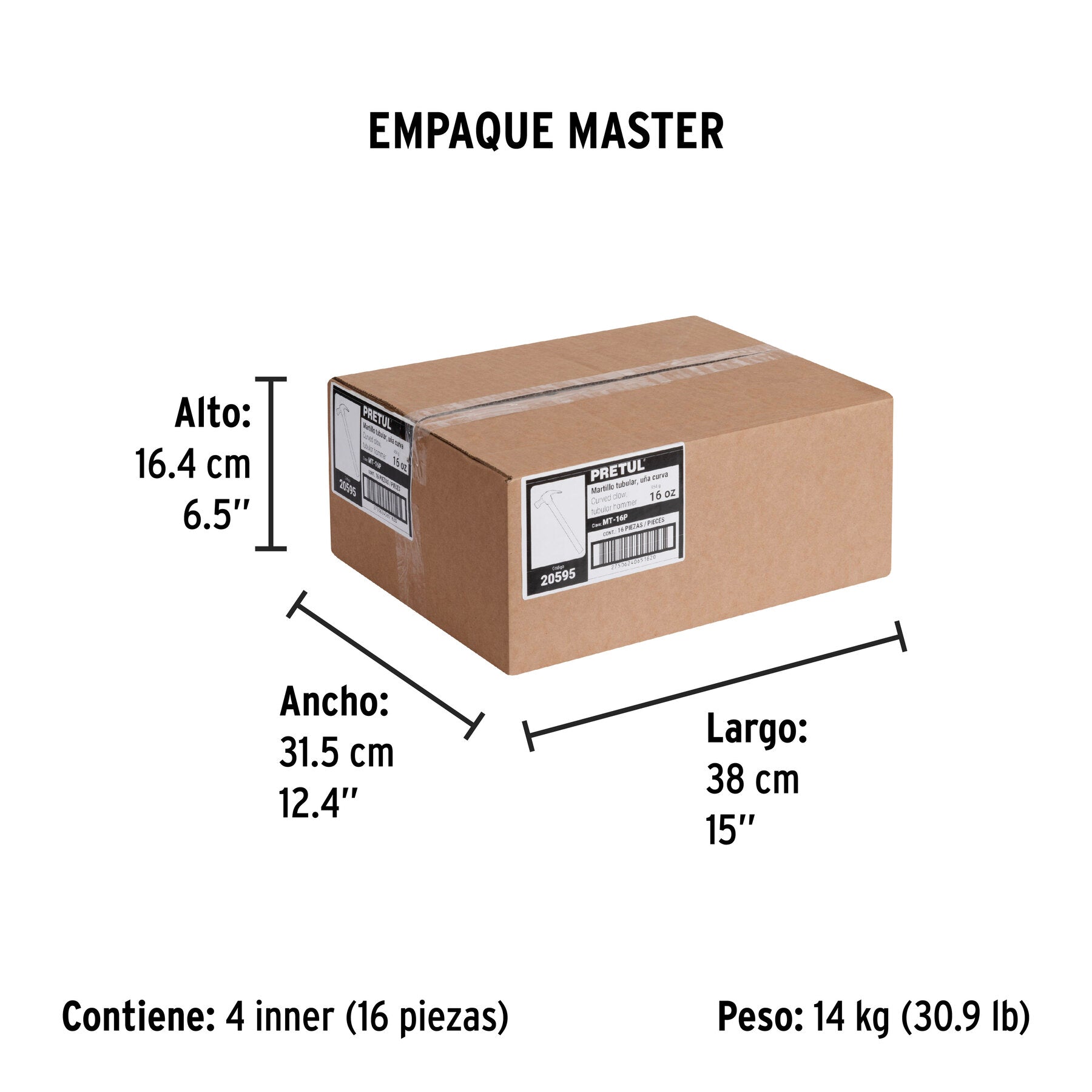 Martillo uña curva 16 oz, mango tubular, PRETUL - Empaque