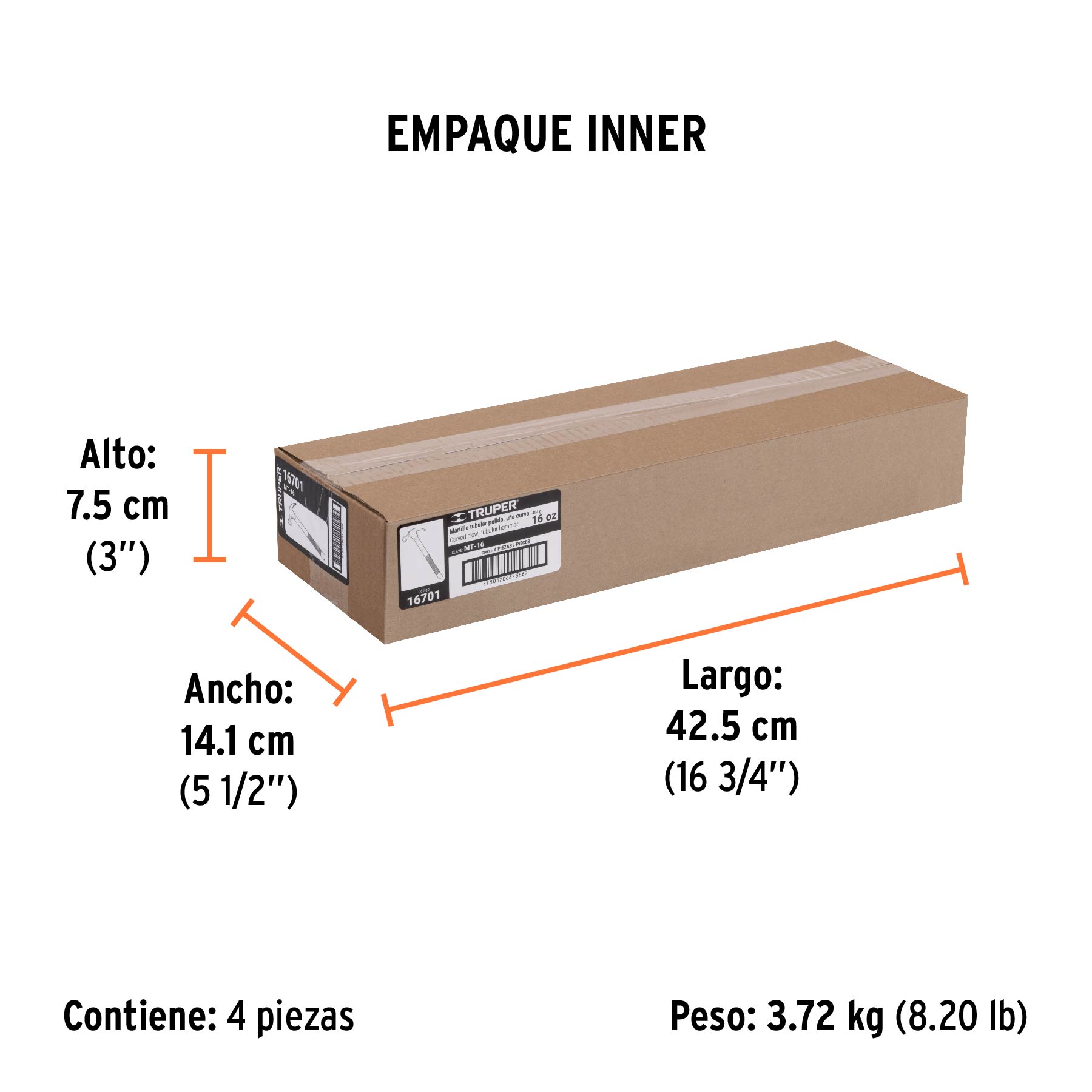 Martillo tubular pulido 16 oz uña curva, TRUPER - Empaque