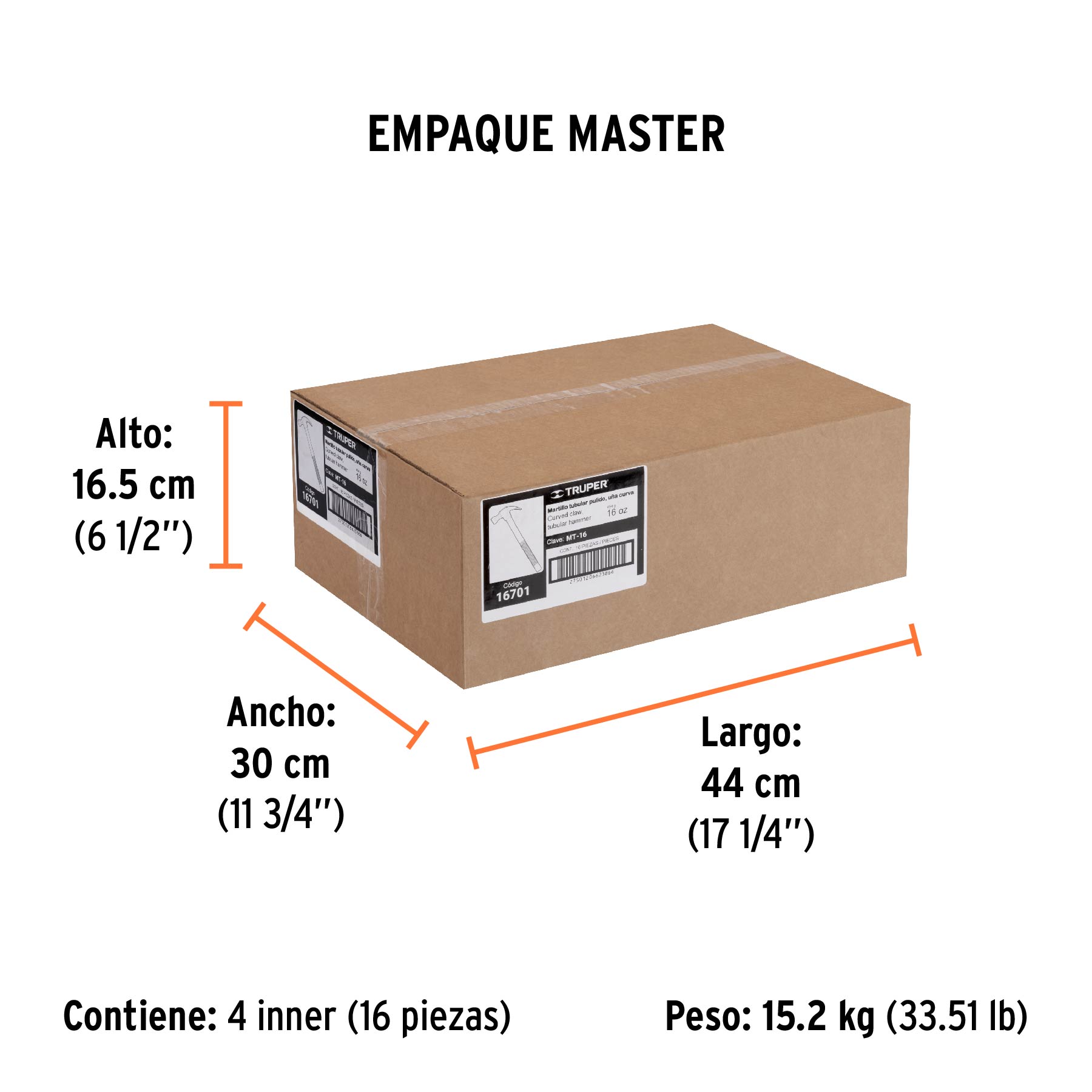 Martillo tubular pulido 16 oz uña curva, TRUPER - Empaque