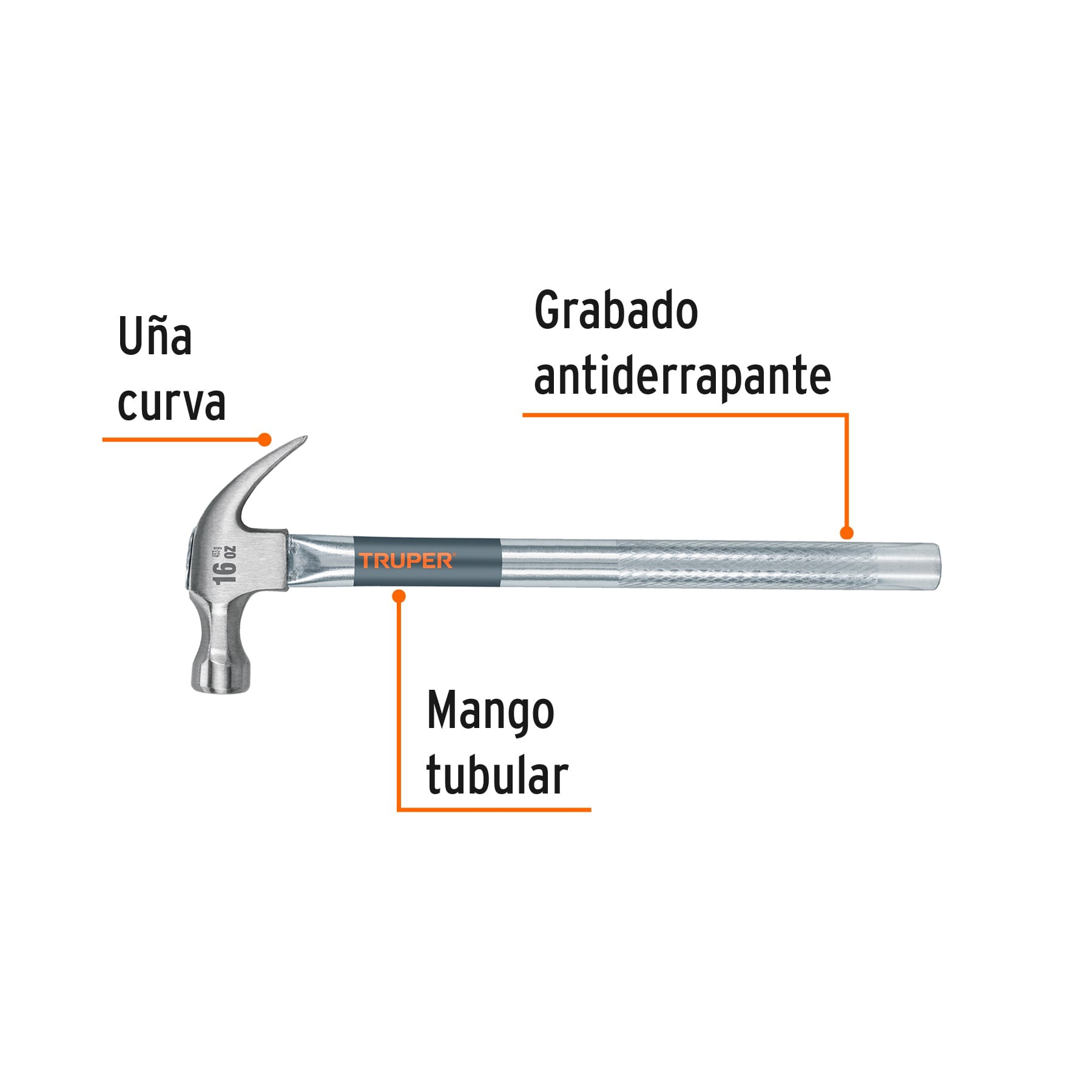 Martillo tubular pulido 16 oz uña curva, TRUPER