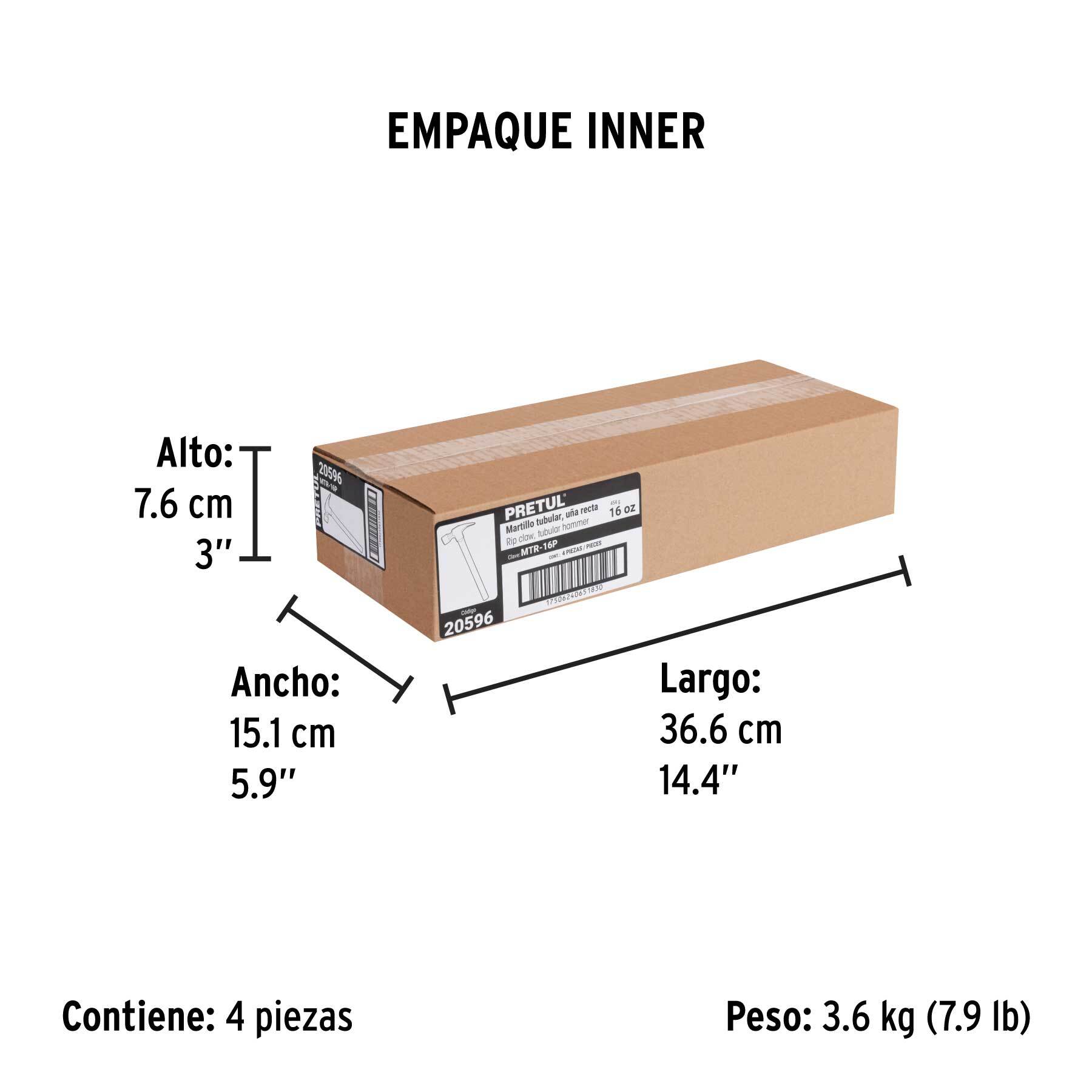 Martillo uña recta 16 oz, mango tubular, PRETUL - Empaque