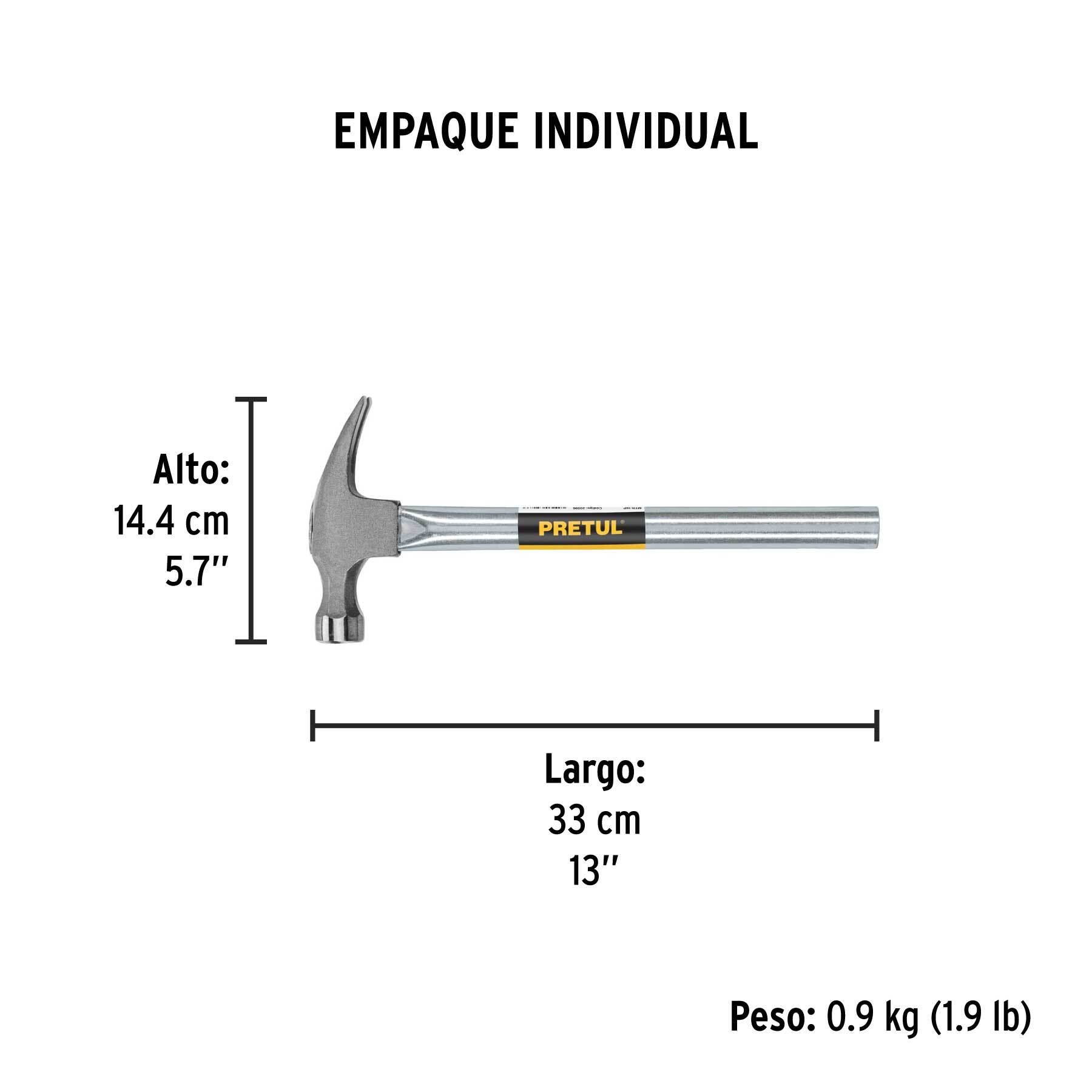 Martillo uña recta 16 oz, mango tubular, PRETUL - Empaque