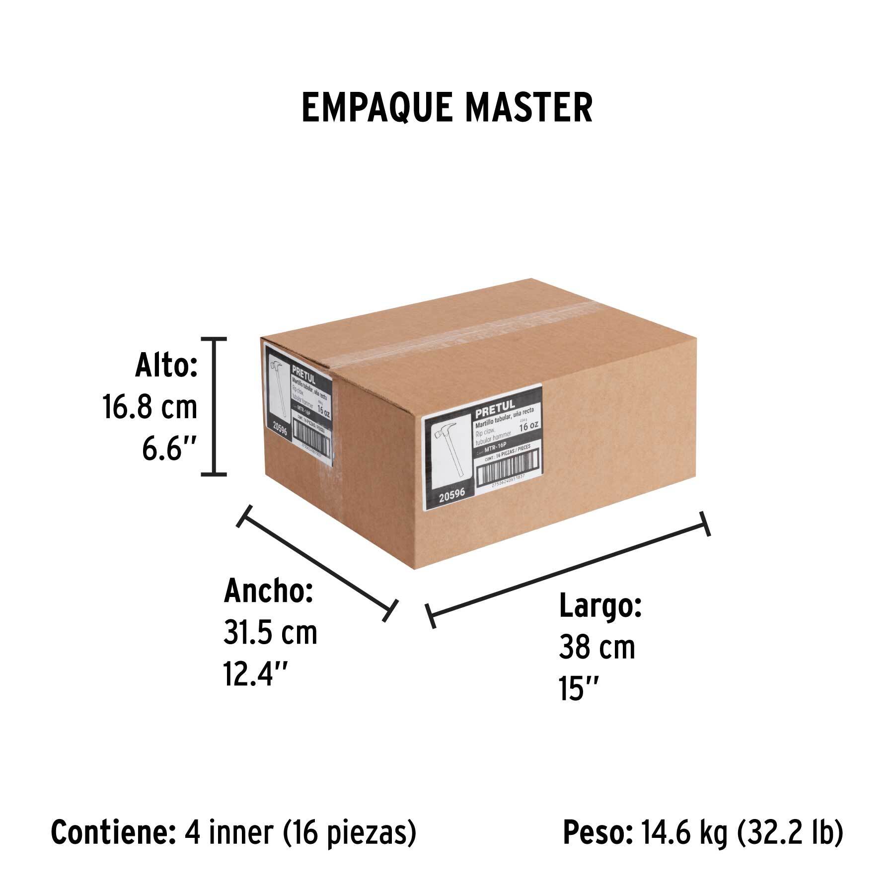 Martillo uña recta 16 oz, mango tubular, PRETUL - Empaque