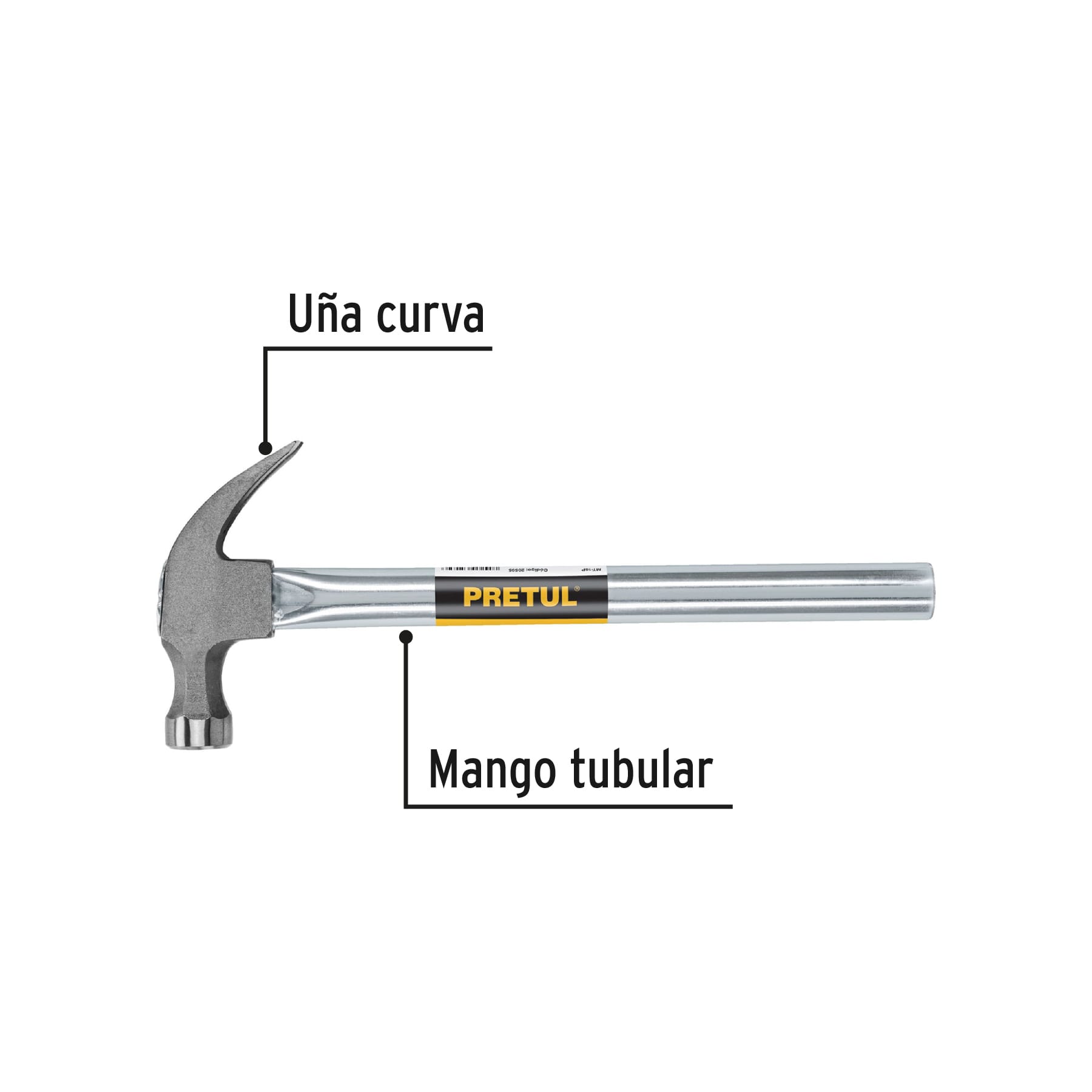 Martillo uña recta 16 oz, mango tubular, PRETUL