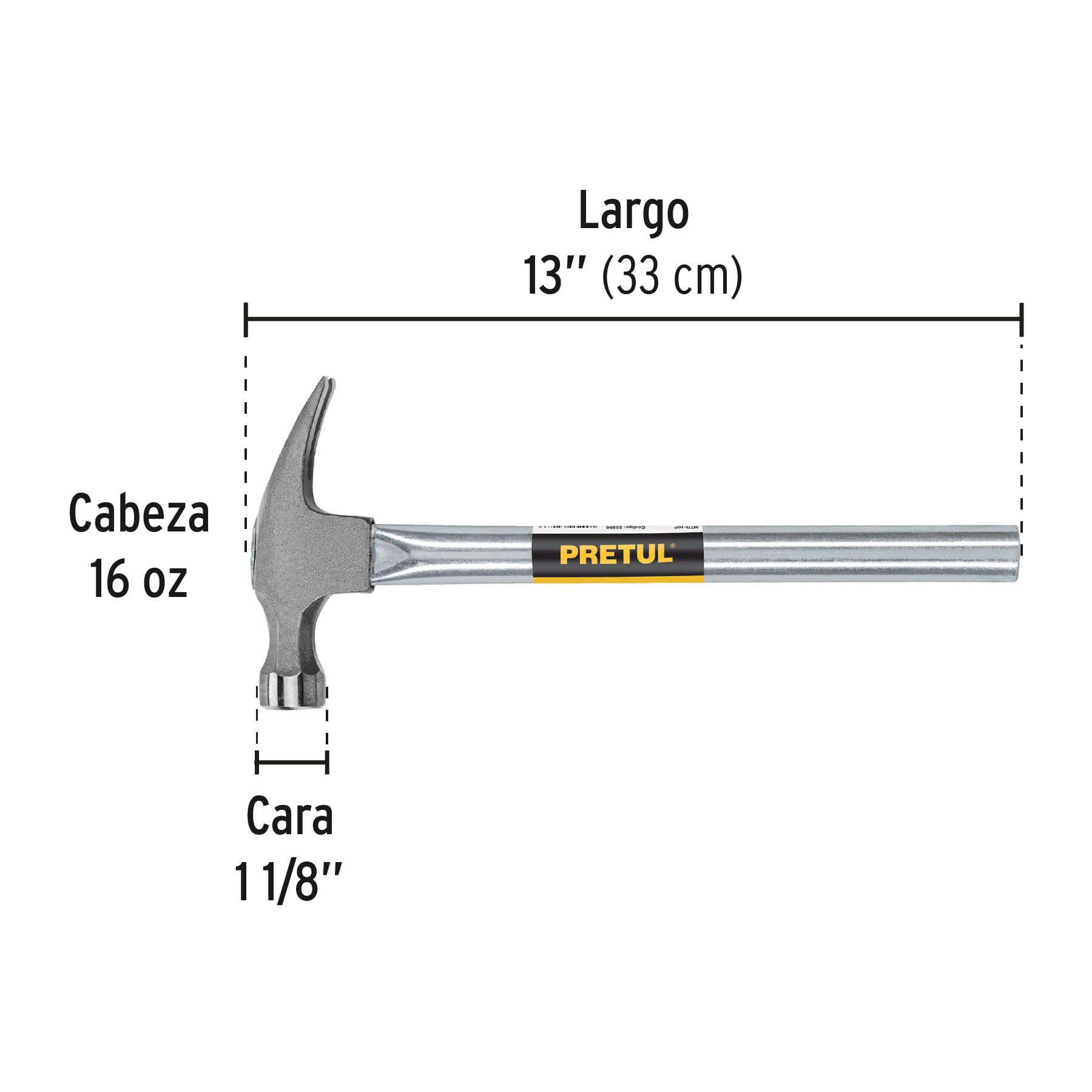 Martillo uña recta 16 oz, mango tubular, PRETUL