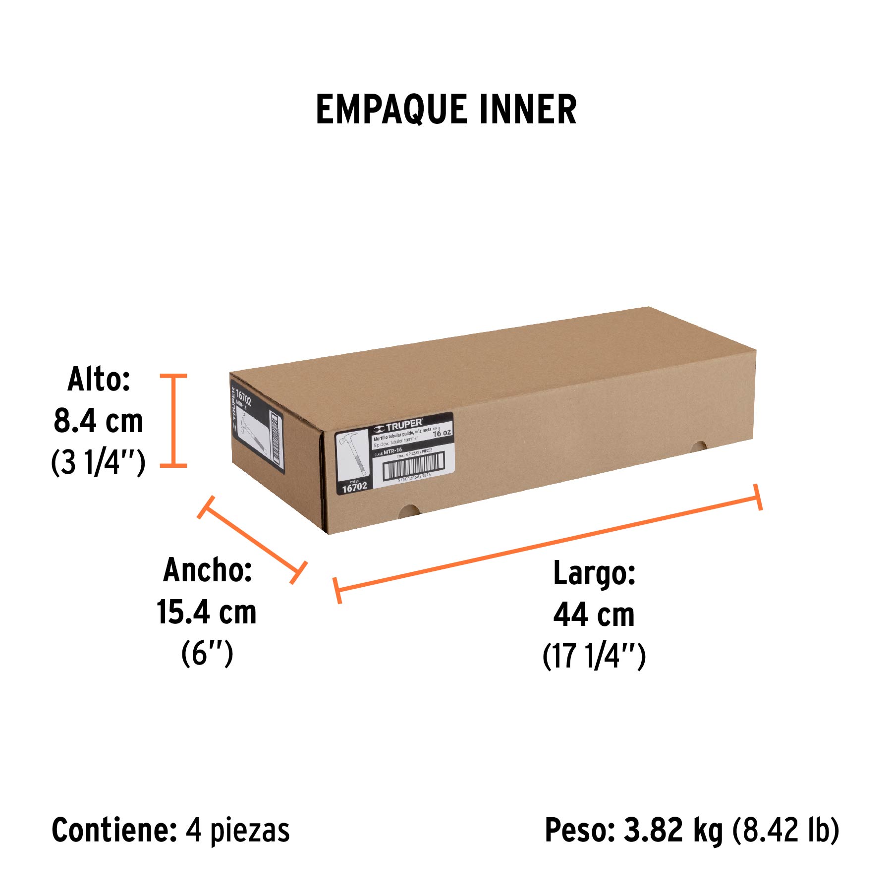 Martillo tubular pulido 16 oz uña recta, TRUPER - Empaque