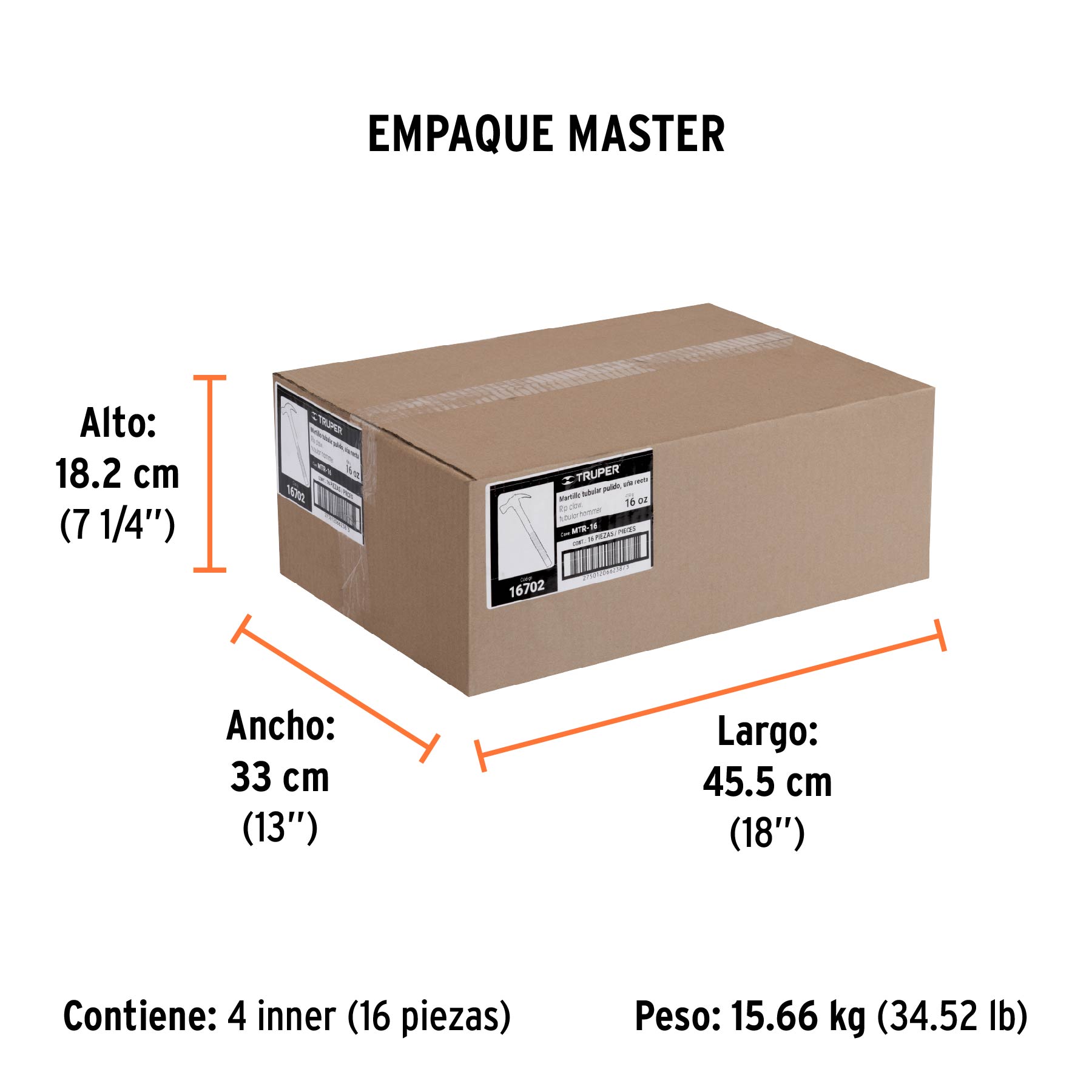 Martillo tubular pulido 16 oz uña recta, TRUPER - Empaque