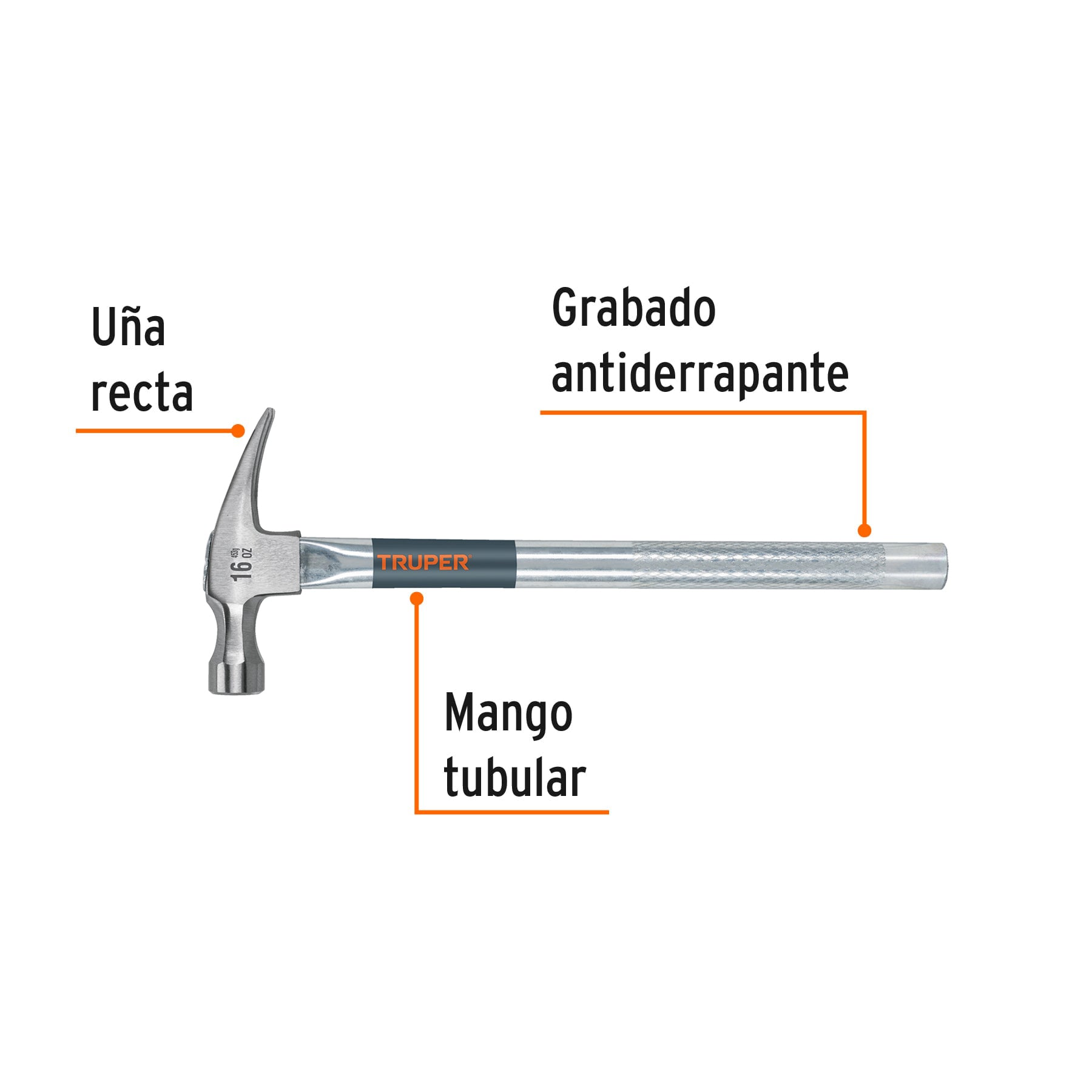 Martillo tubular pulido 16 oz uña recta, TRUPER