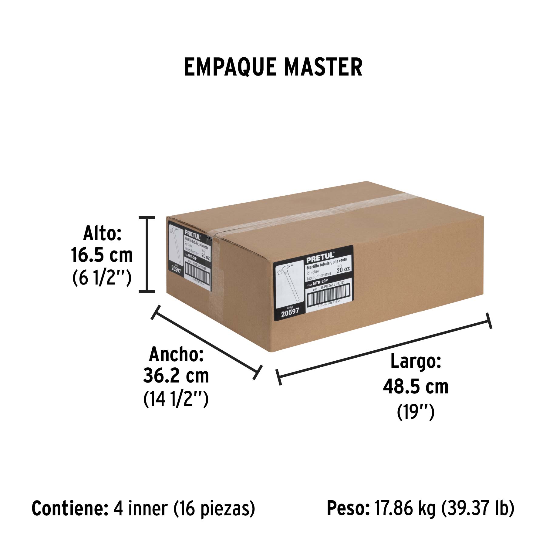 Martillo uña recta 20 oz, mango tubular, PRETUL - Empaque