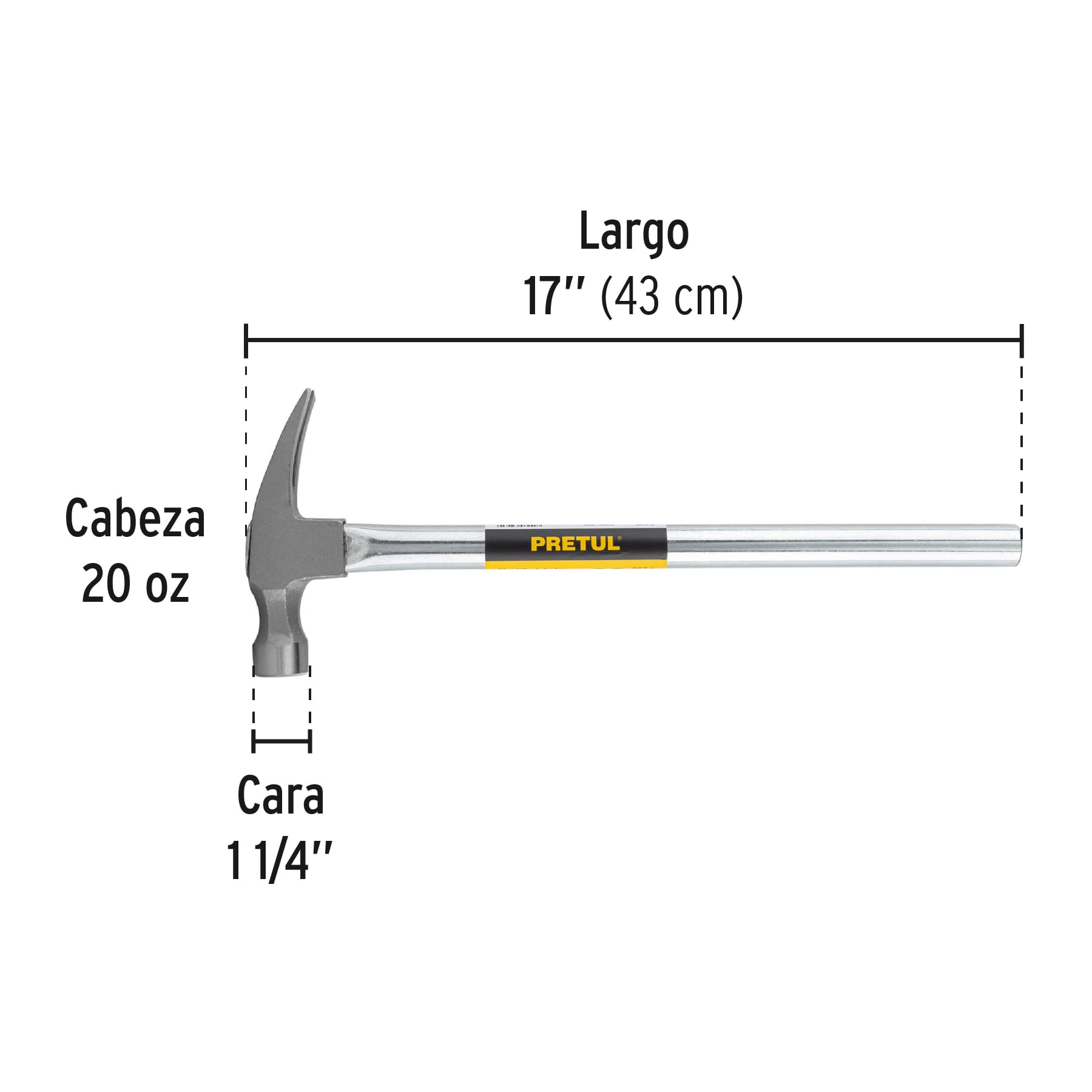 Martillo uña recta 20 oz, mango tubular, PRETUL