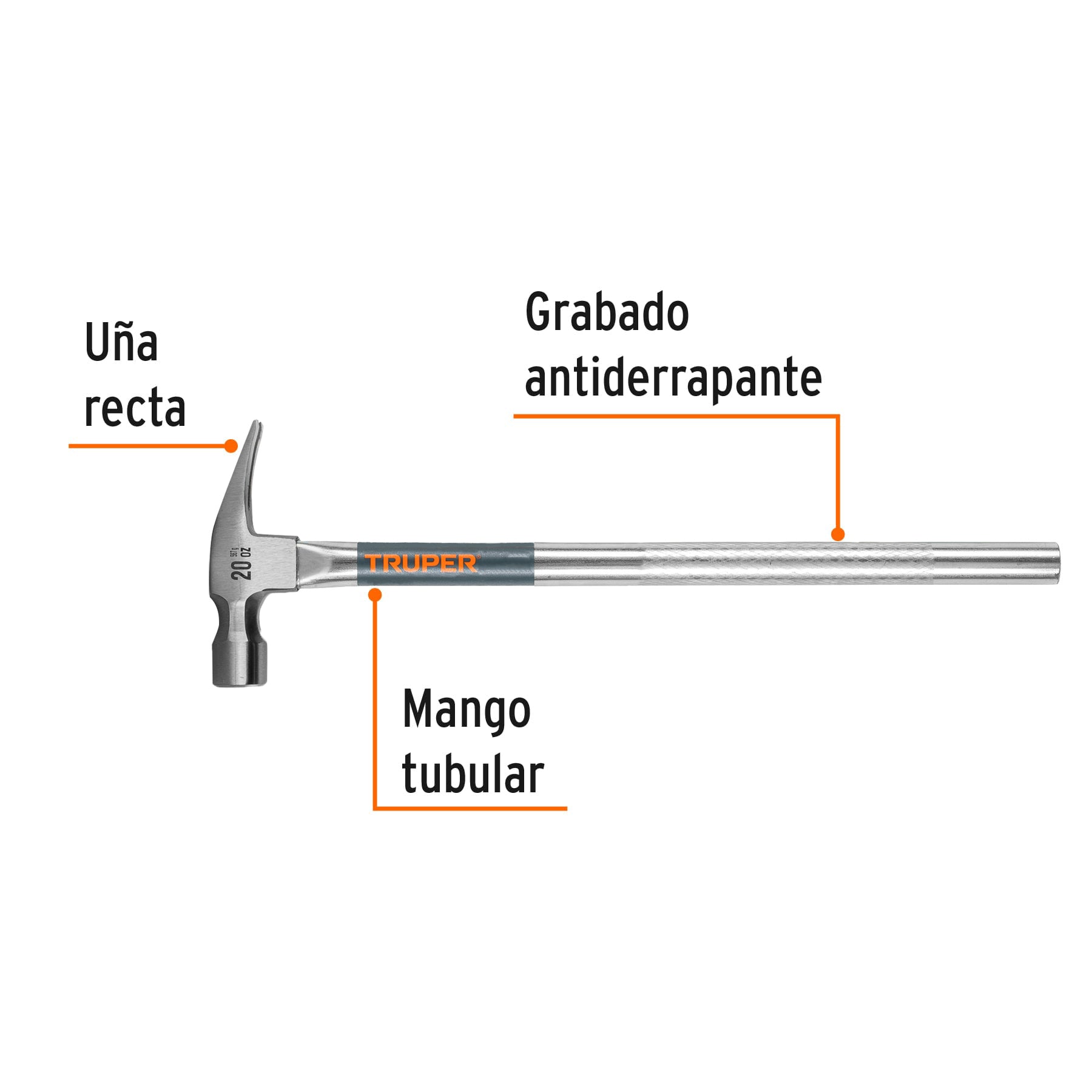 Martillo tubular pulido 20 oz uña recta, TRUPER
