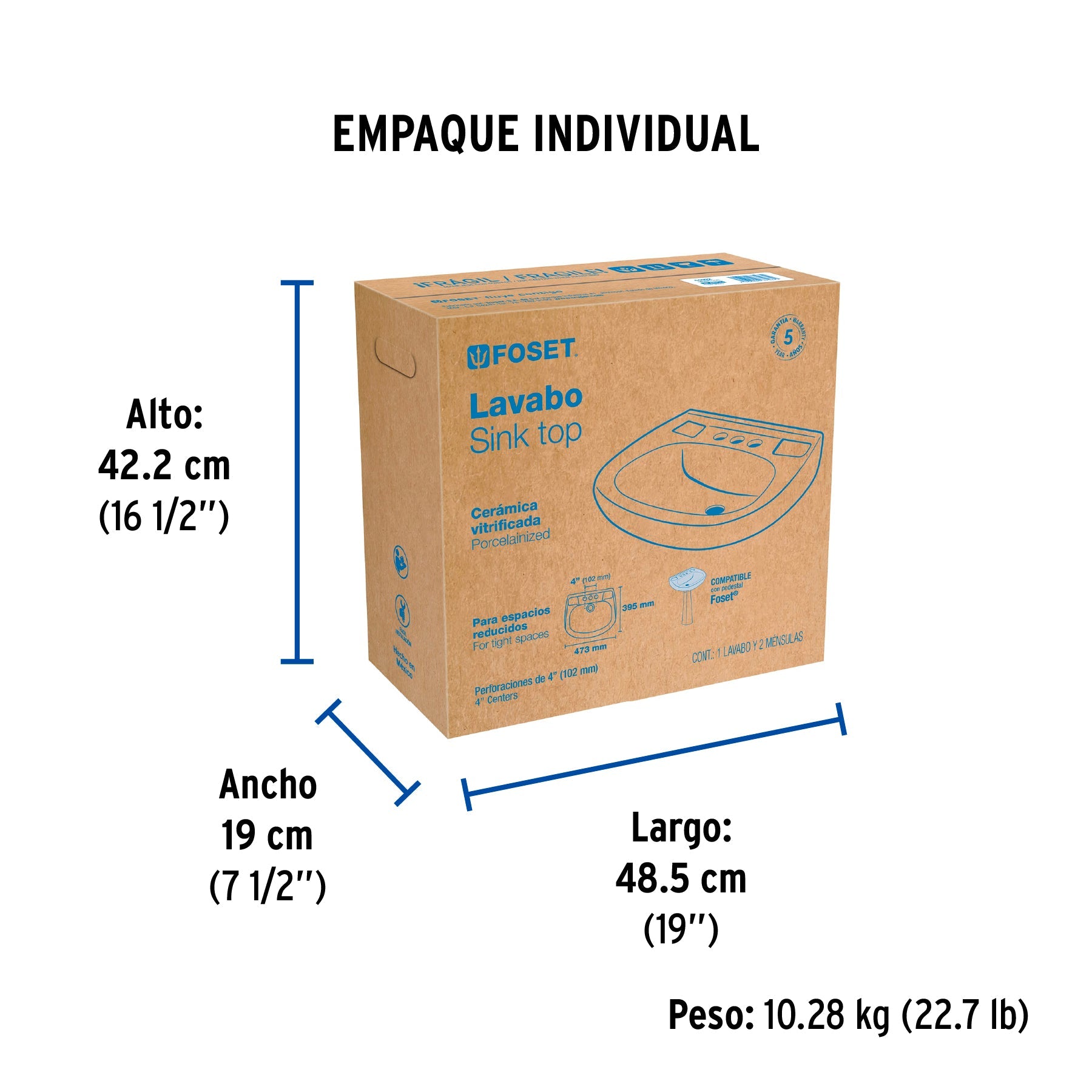 Lavabo de porcelana con rebosadero, blanco, FOSET - Empaque