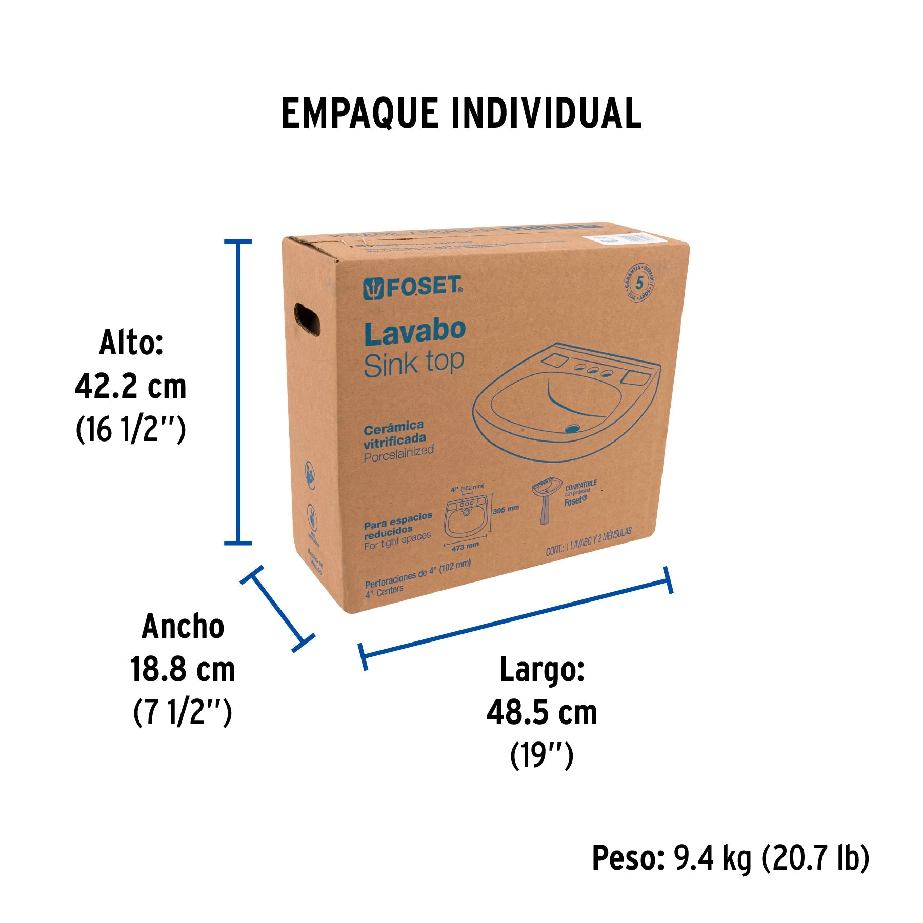 Lavabo de porcelana con rebosadero, marfil, FOSET - Empaque