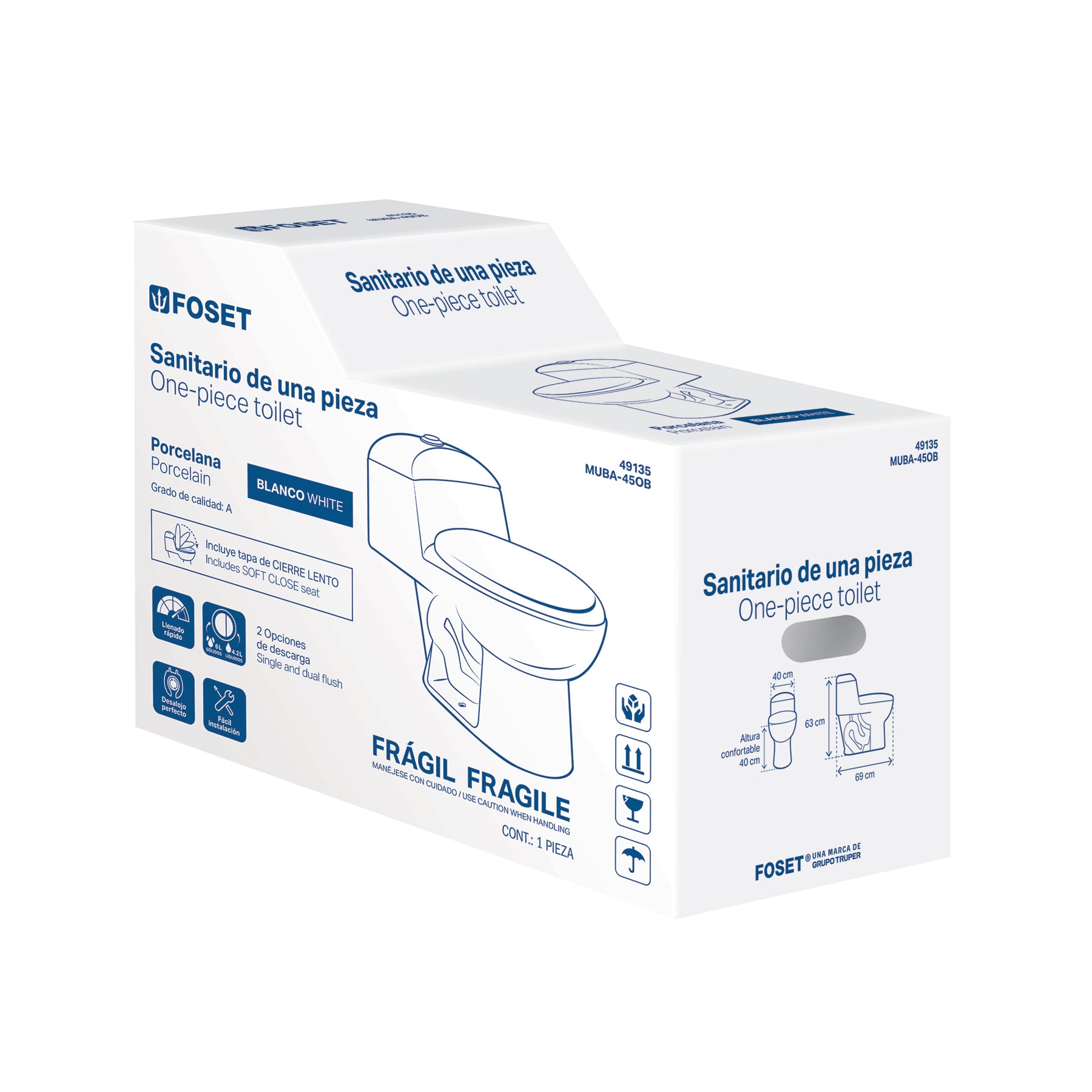 Sanitario one piece alargado de porcelana, blanco, FOSET