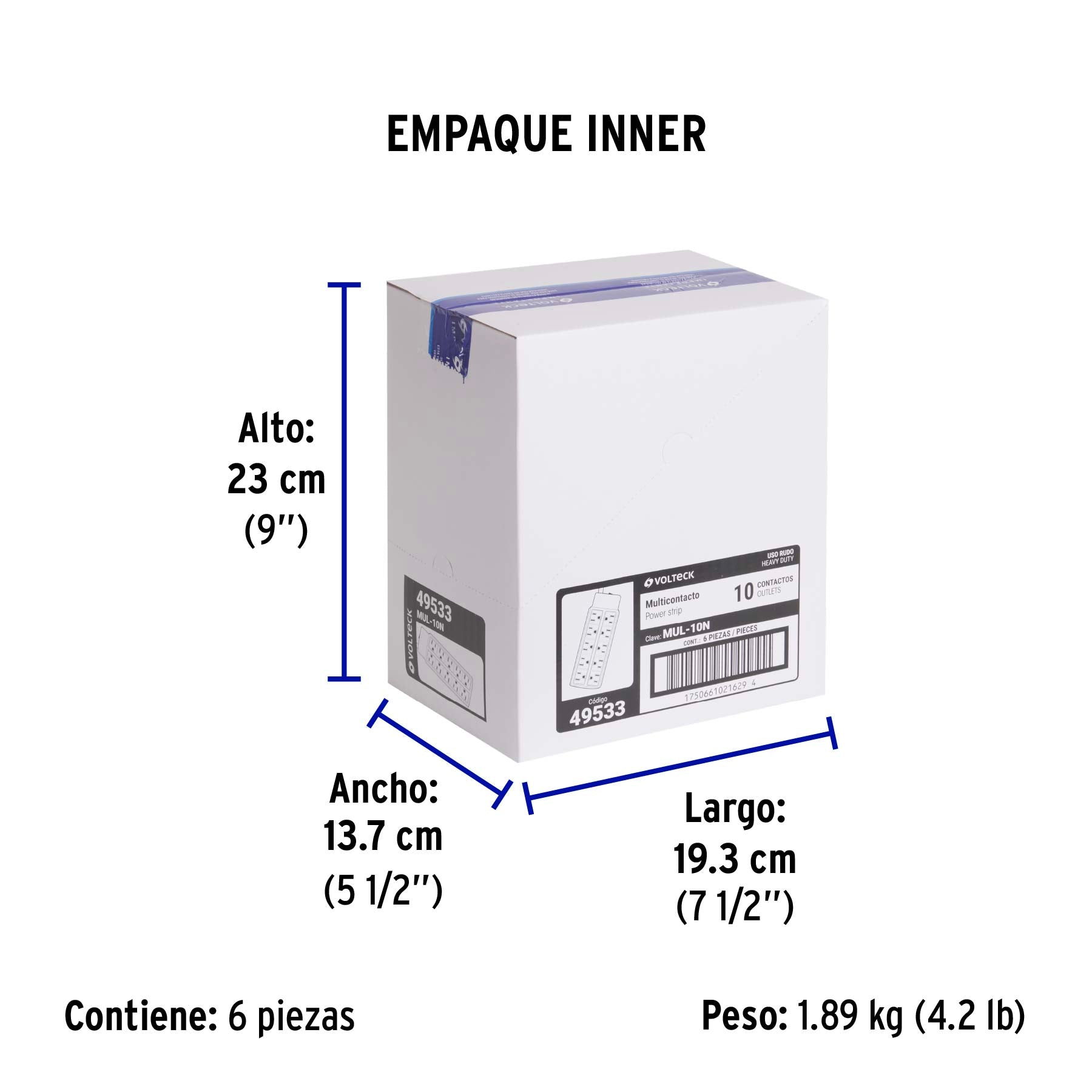 Multicontacto de uso rudo con 10 entradas, negro, VOLTECK - Empaque