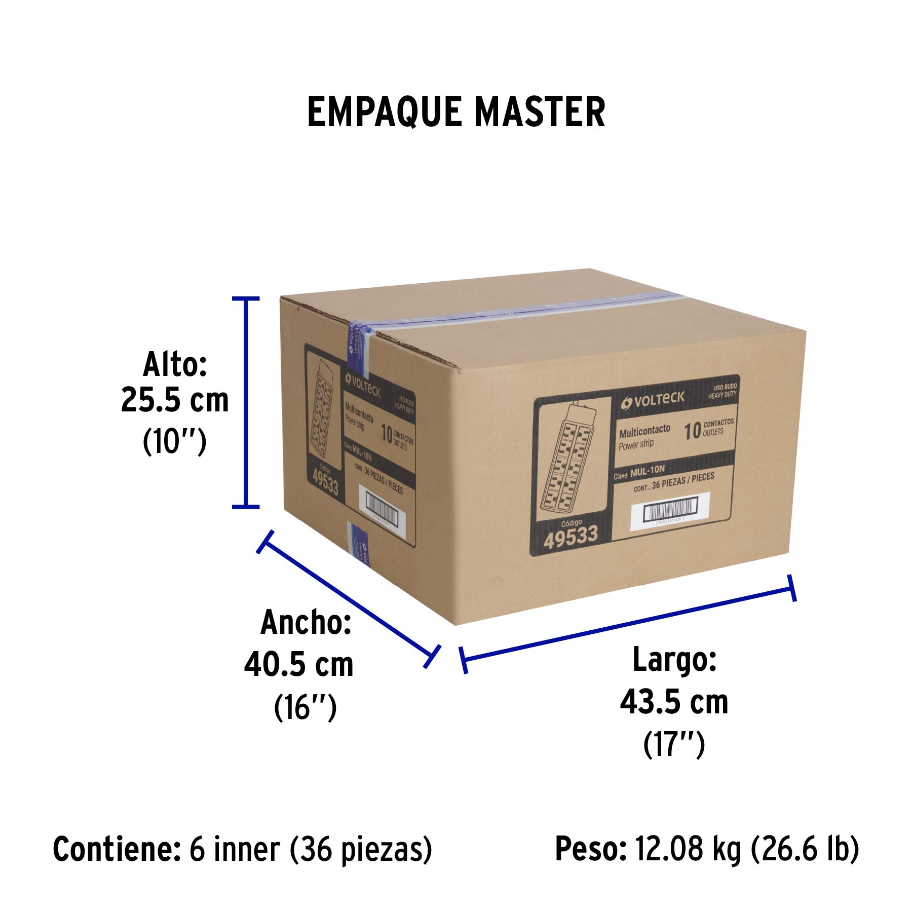 Multicontacto de uso rudo con 10 entradas, negro, VOLTECK - Empaque