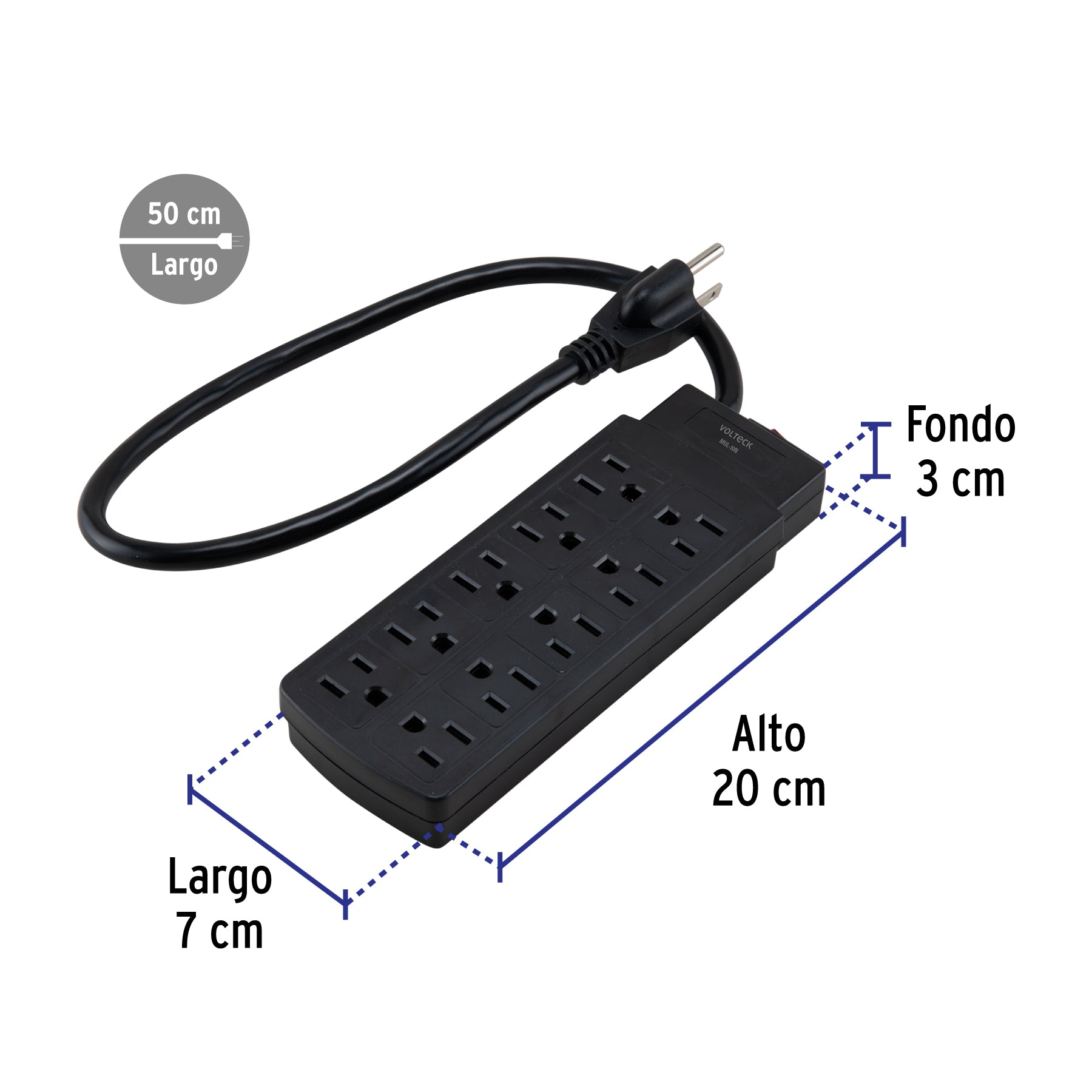 Multicontacto de uso rudo con 10 entradas, negro, VOLTECK