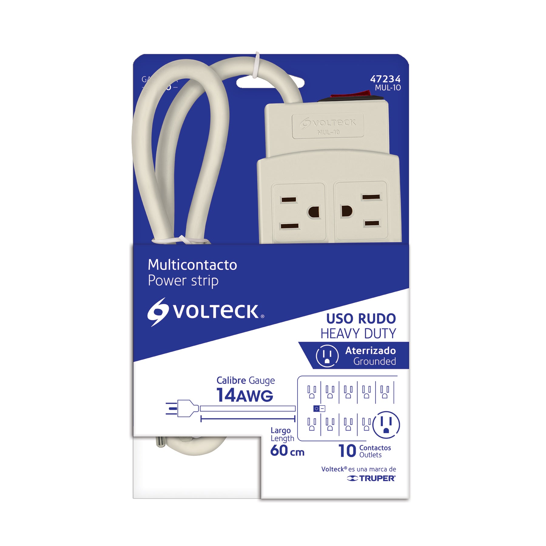 Multicontacto 14 AWG uso rudo con 10 entradas, VOLTECK