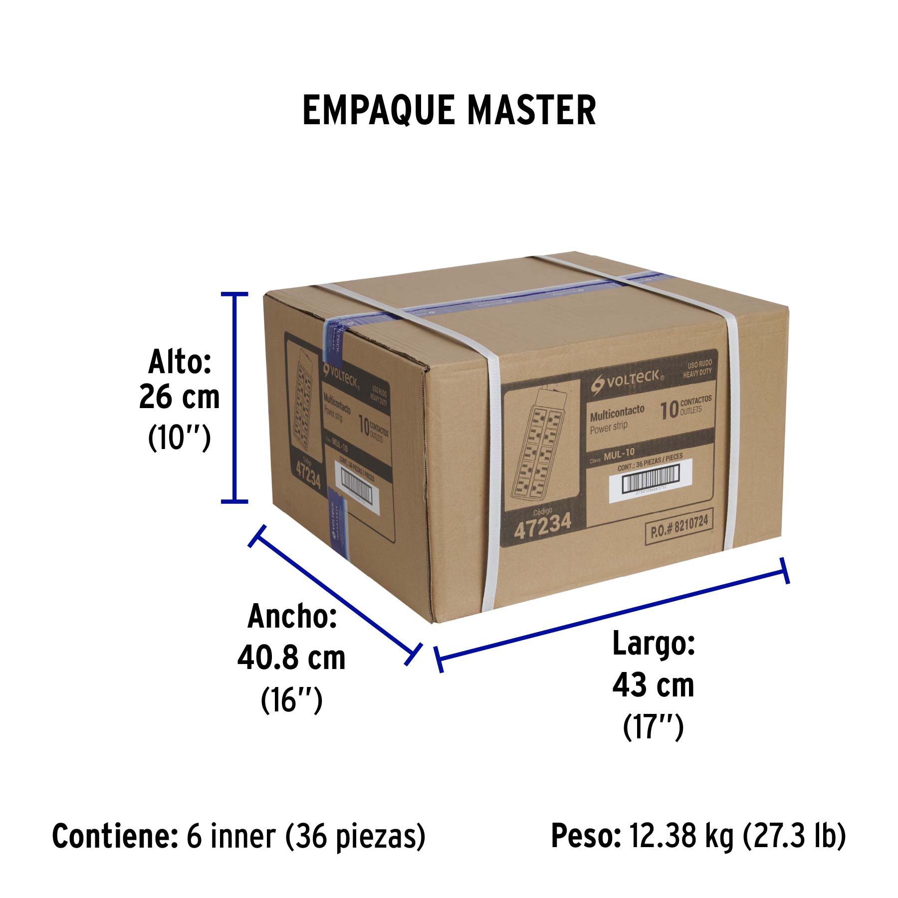 Multicontacto 14 AWG uso rudo con 10 entradas, VOLTECK - Empaque
