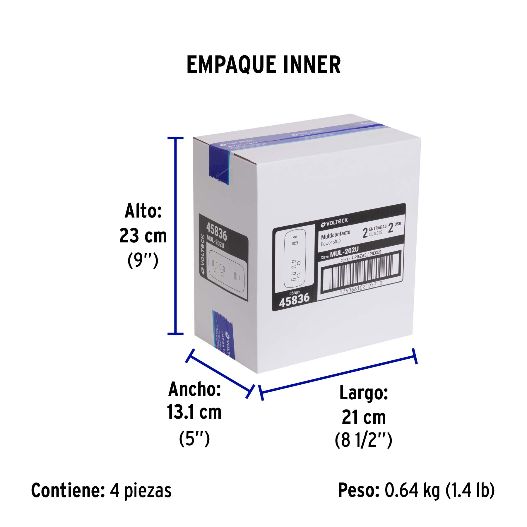 Multicontacto de pared, 2 contactos y 2 USB A+C, VOLTECK - Empaque