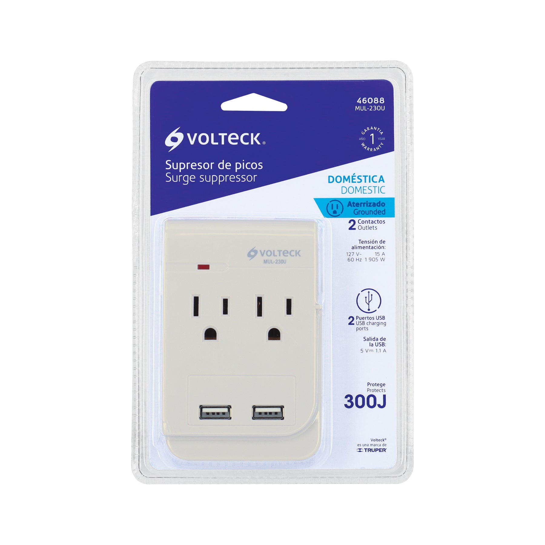 Multicontacto, 2 entradas y 2 entradas USB, 2 polos + tierra