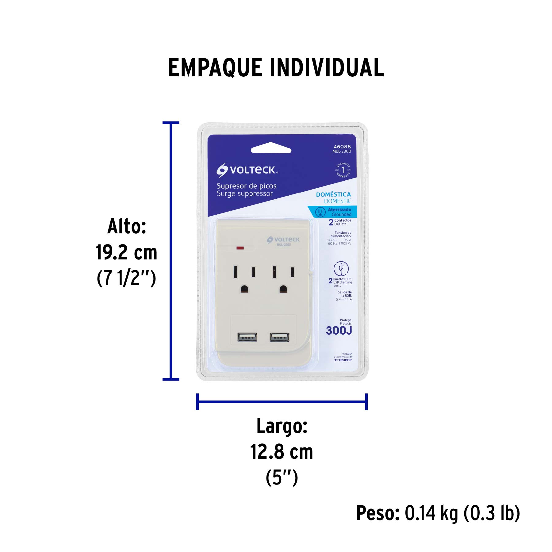 Multicontacto, 2 entradas y 2 entradas USB, 2 polos + tierra - Empaque