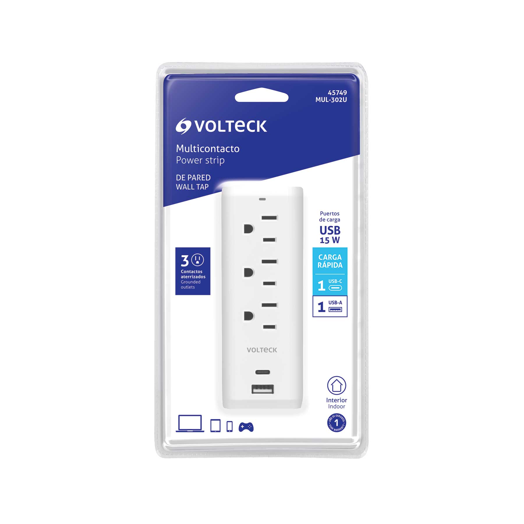 Multicontacto de pared, 3 contactos y 2 USB A+C, VOLTECK