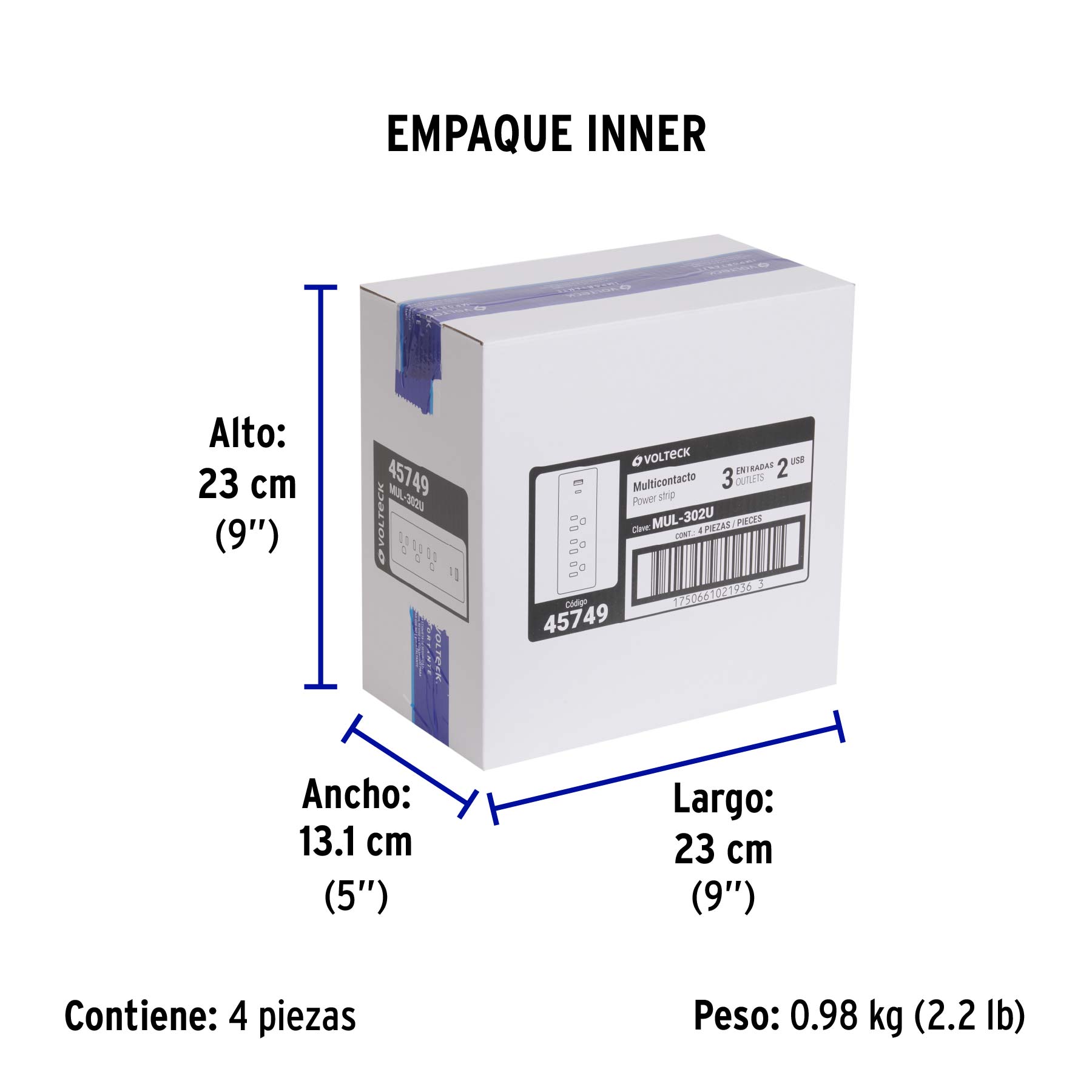 Multicontacto de pared, 3 contactos y 2 USB A+C, VOLTECK - Empaque