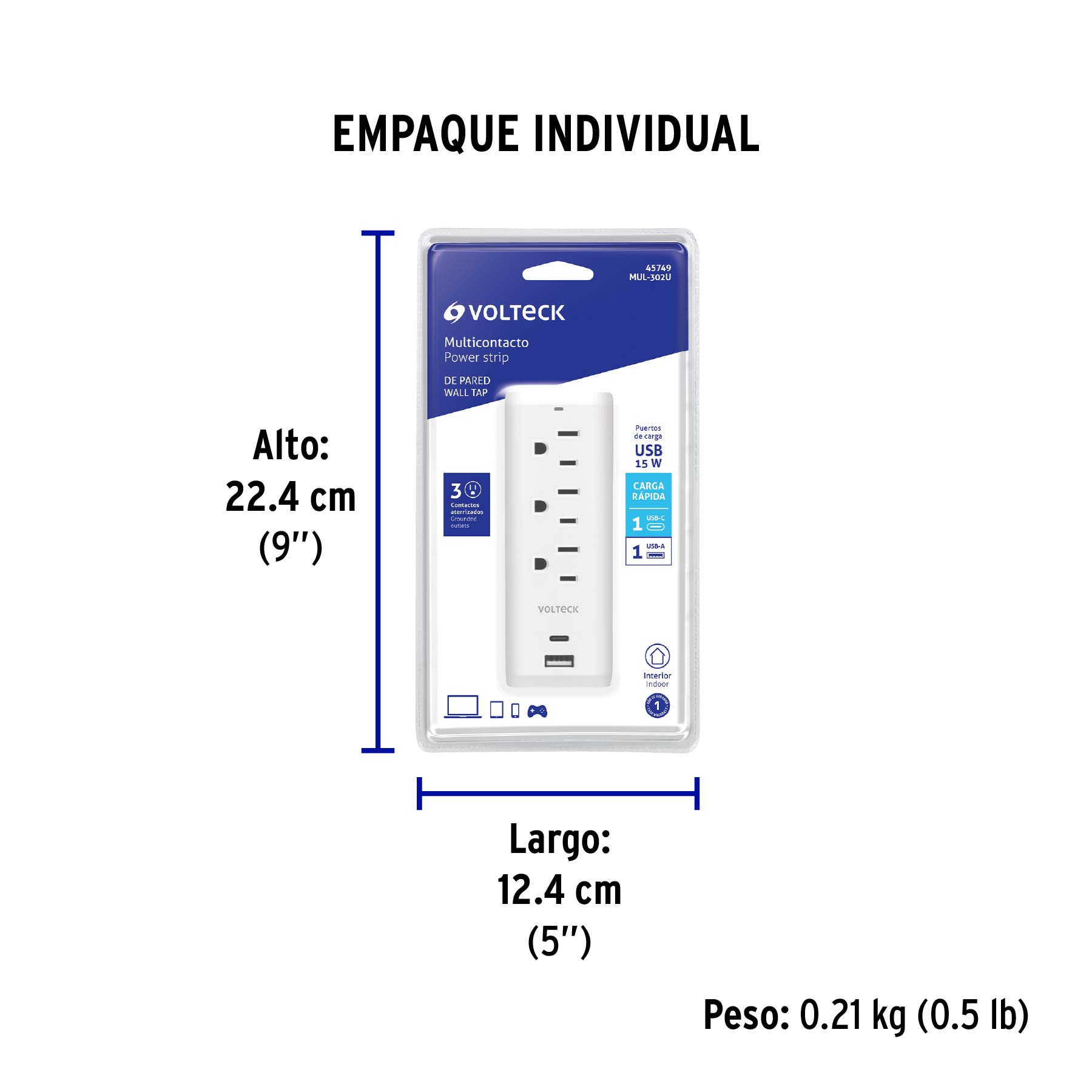 Multicontacto de pared, 3 contactos y 2 USB A+C, VOLTECK - Empaque