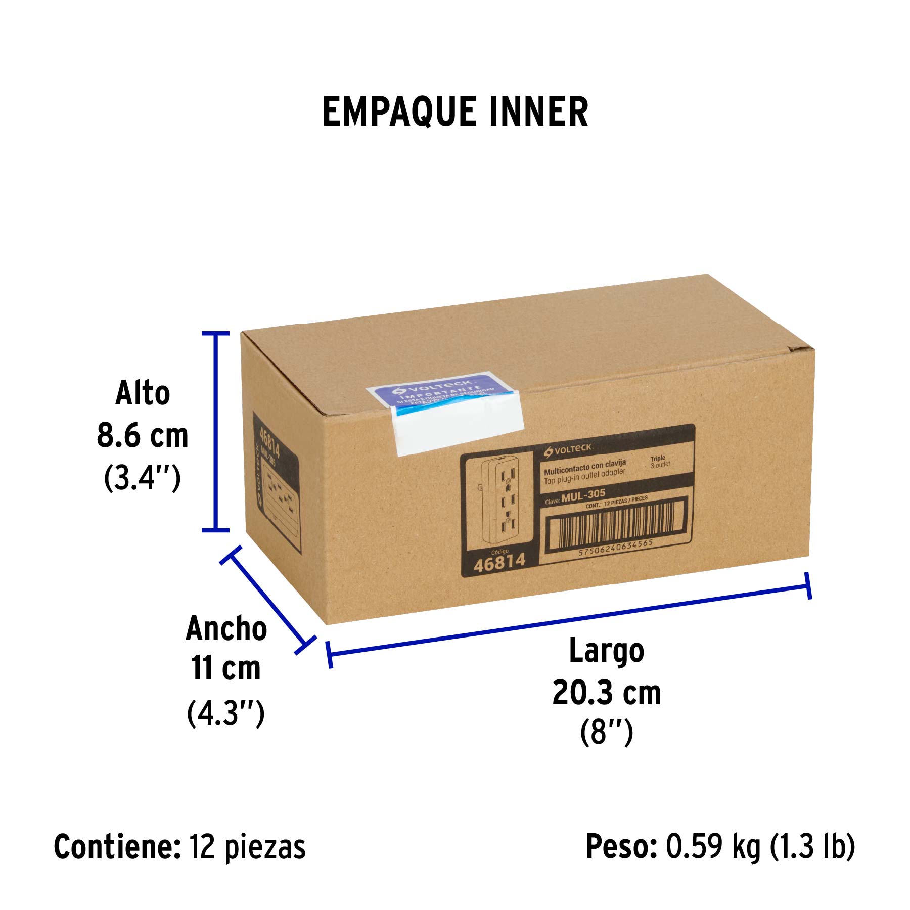 Multicontacto triple, 2 polos + tierra, VOLTECK - Empaque