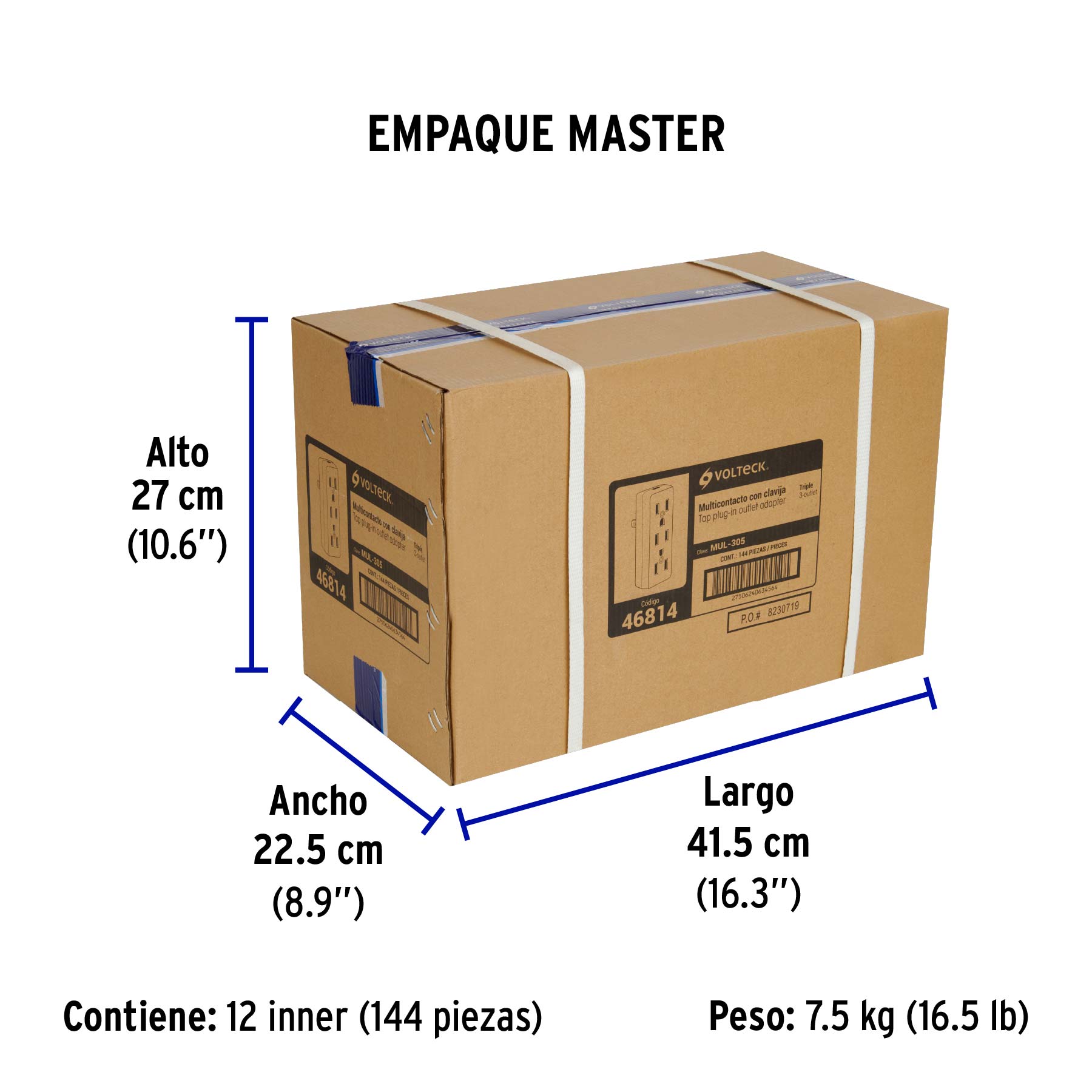 Multicontacto triple, 2 polos + tierra, VOLTECK - Empaque
