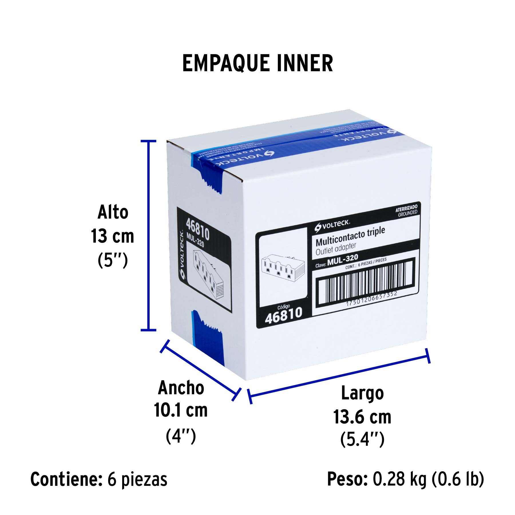 Multicontacto triple aterrizado, barra, VOLTECK - Empaque