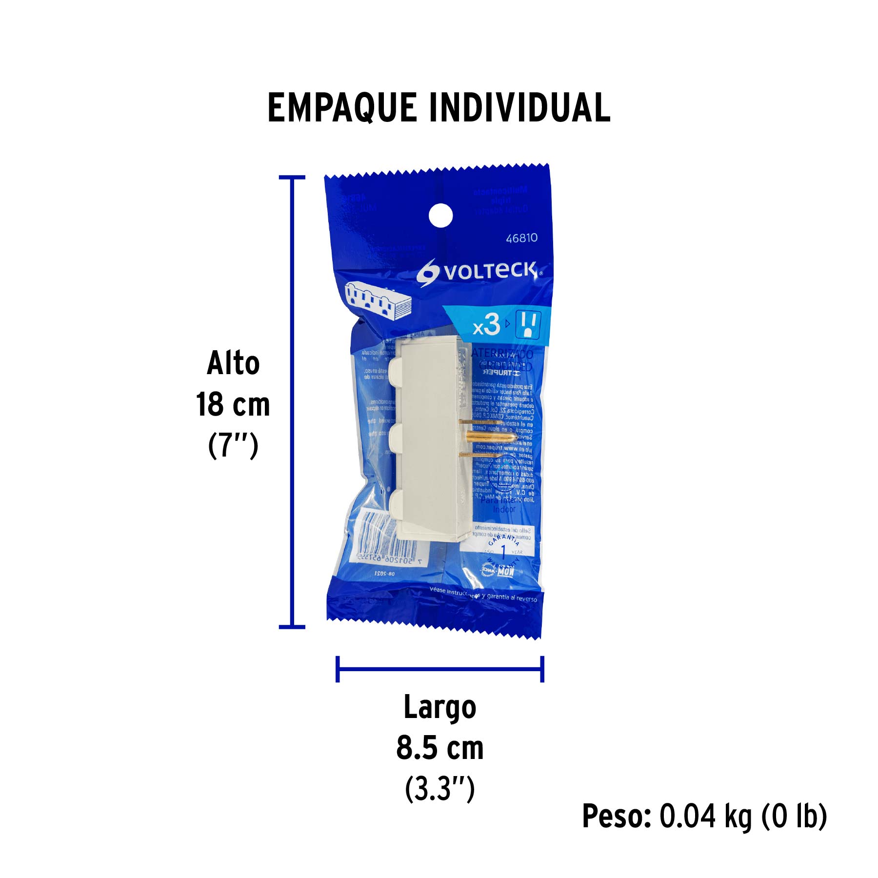 Multicontacto triple aterrizado, barra, VOLTECK - Empaque