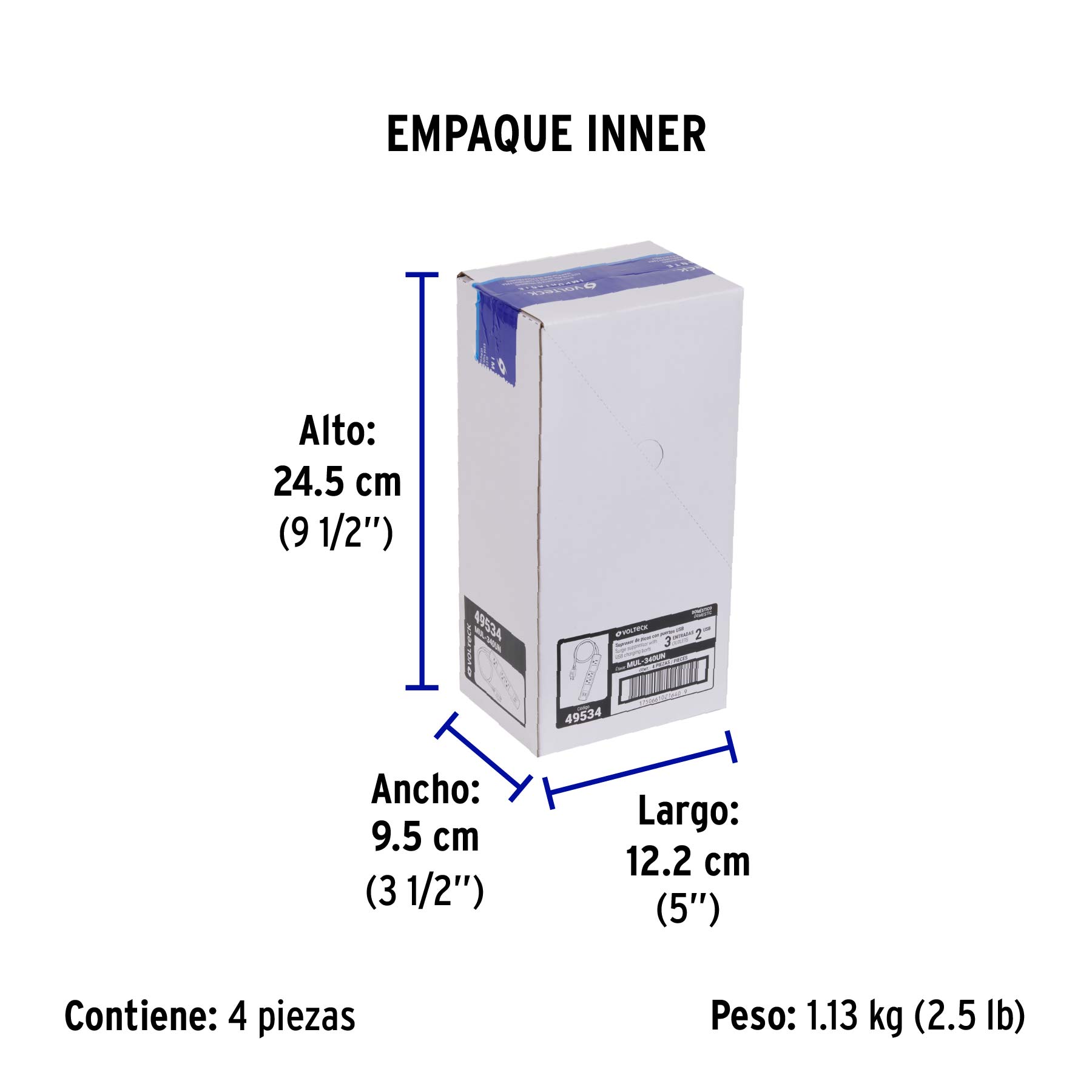 Multicontacto 3 entradas 2 ptos USB sup de picos 300 J negro - Empaque