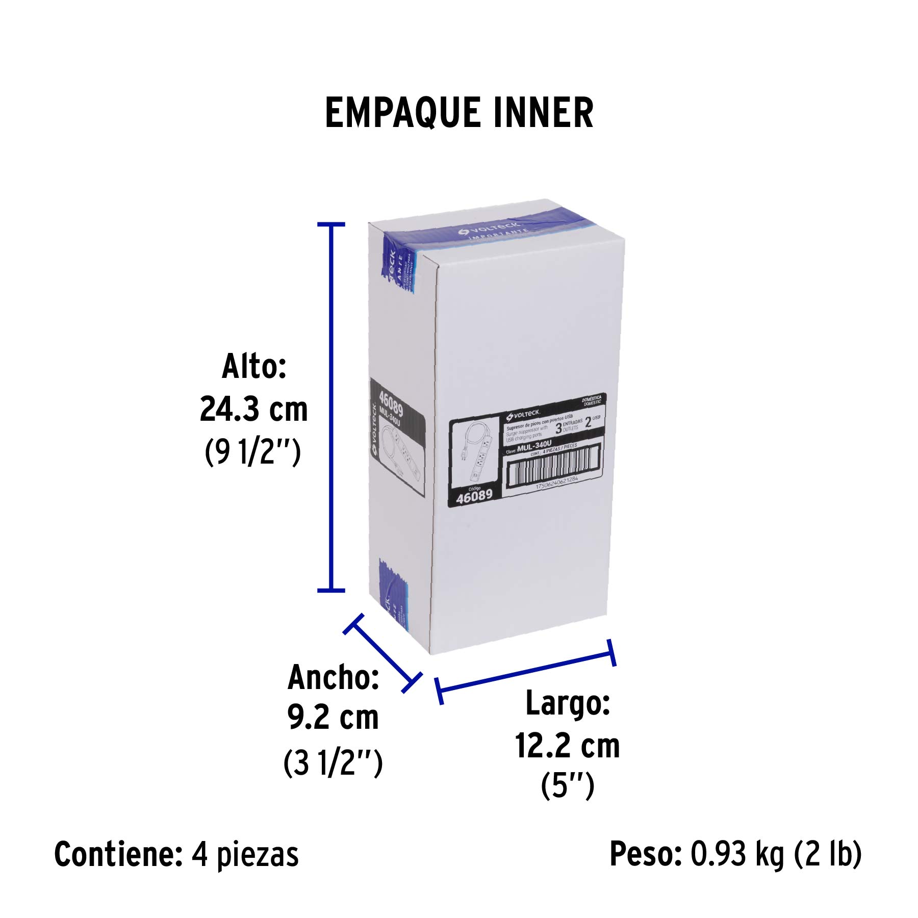 Multicontacto 16 AWG 3 entradas 2 puertos USB supresor 300 J - Empaque