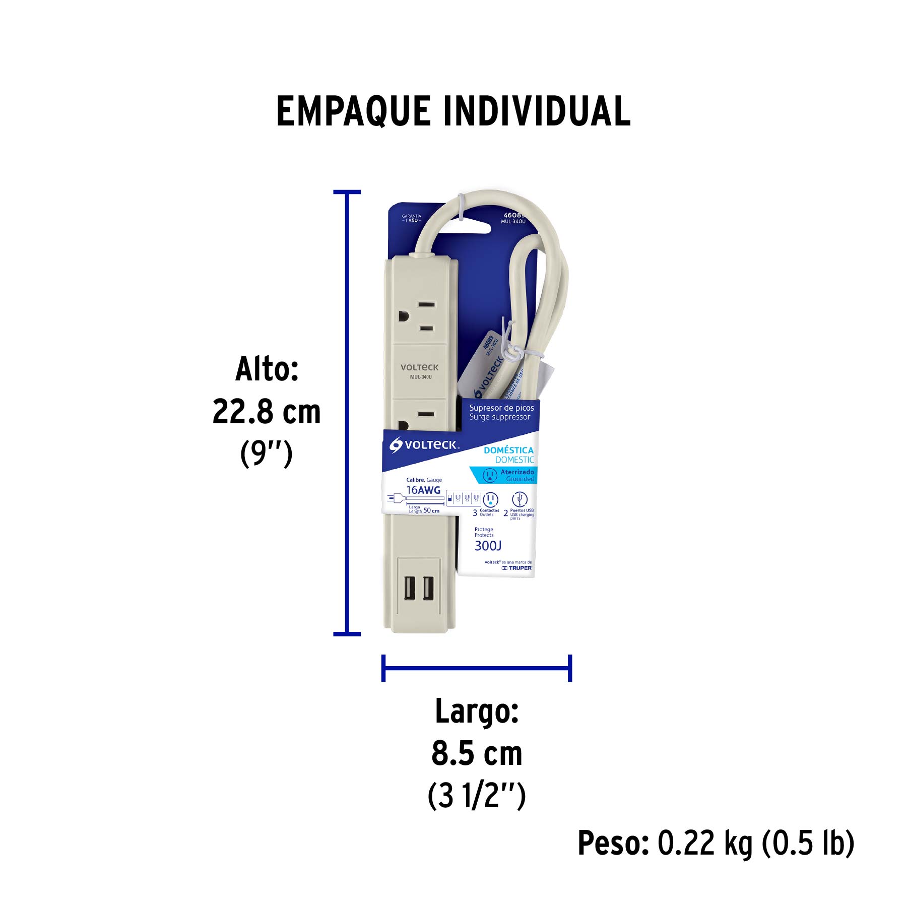 Multicontacto 16 AWG 3 entradas 2 puertos USB supresor 300 J - Empaque