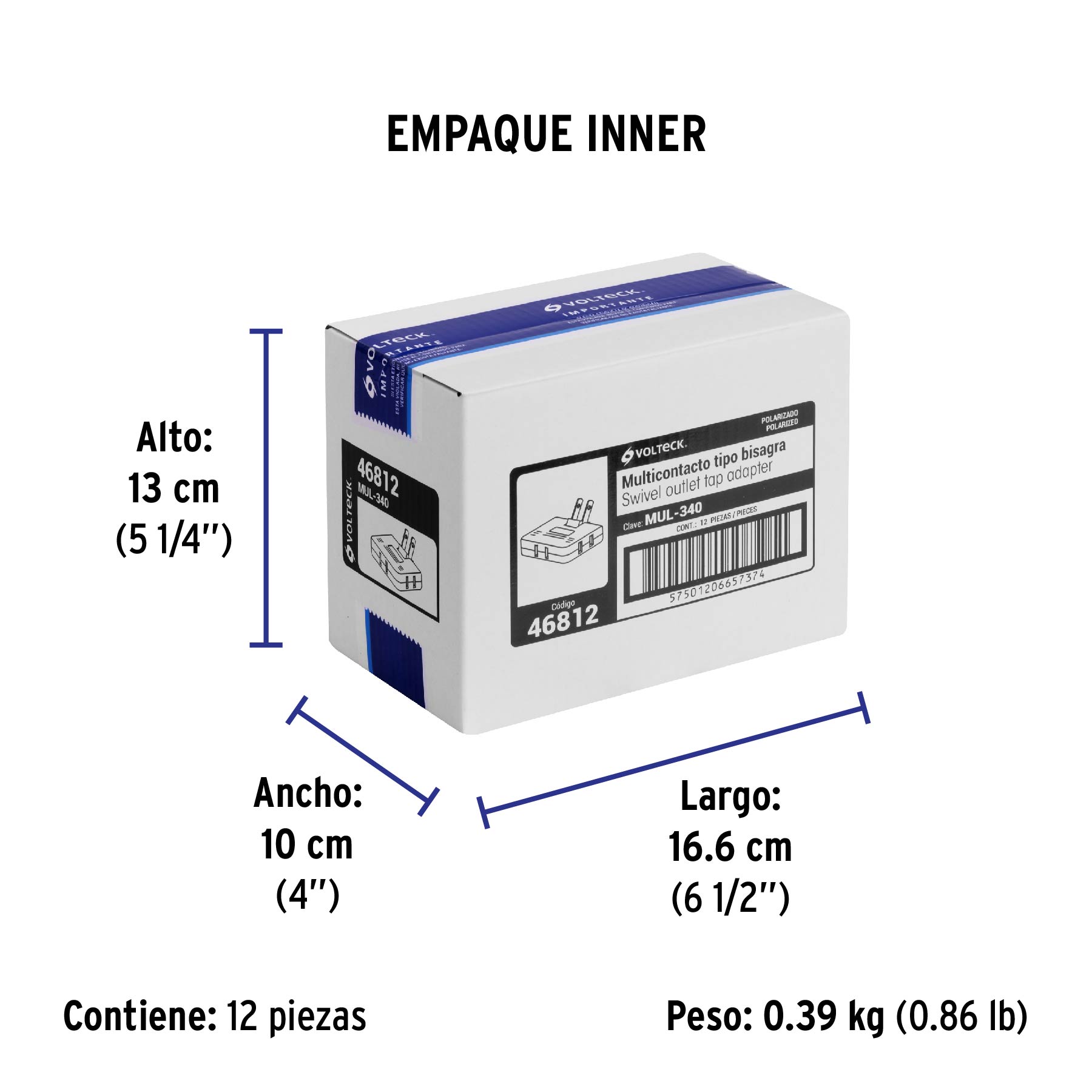 Multicontacto triple,tipo bisagra,entradas laterales VOLTECK - Empaque