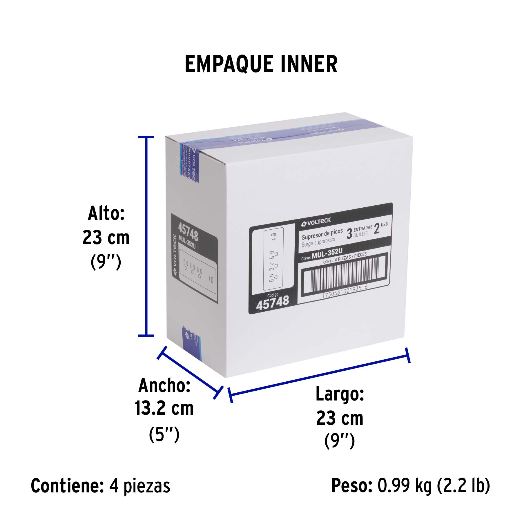 Multicontacto de pared, 490 Joules, 3 contactos y 2 USB A+C - Empaque