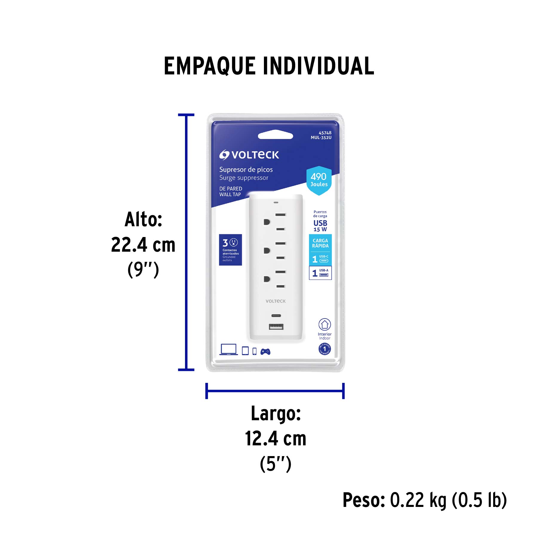 Multicontacto de pared, 490 Joules, 3 contactos y 2 USB A+C - Empaque