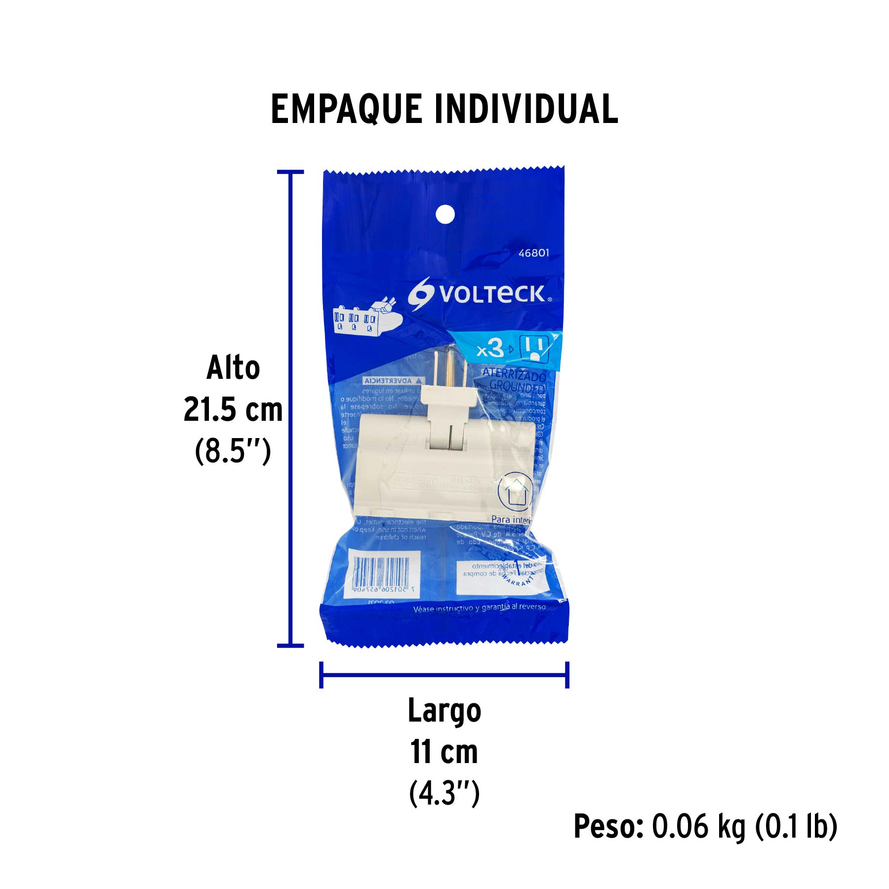 Multicontacto triple aterrizado, tipo bisagra, VOLTECK - Empaque