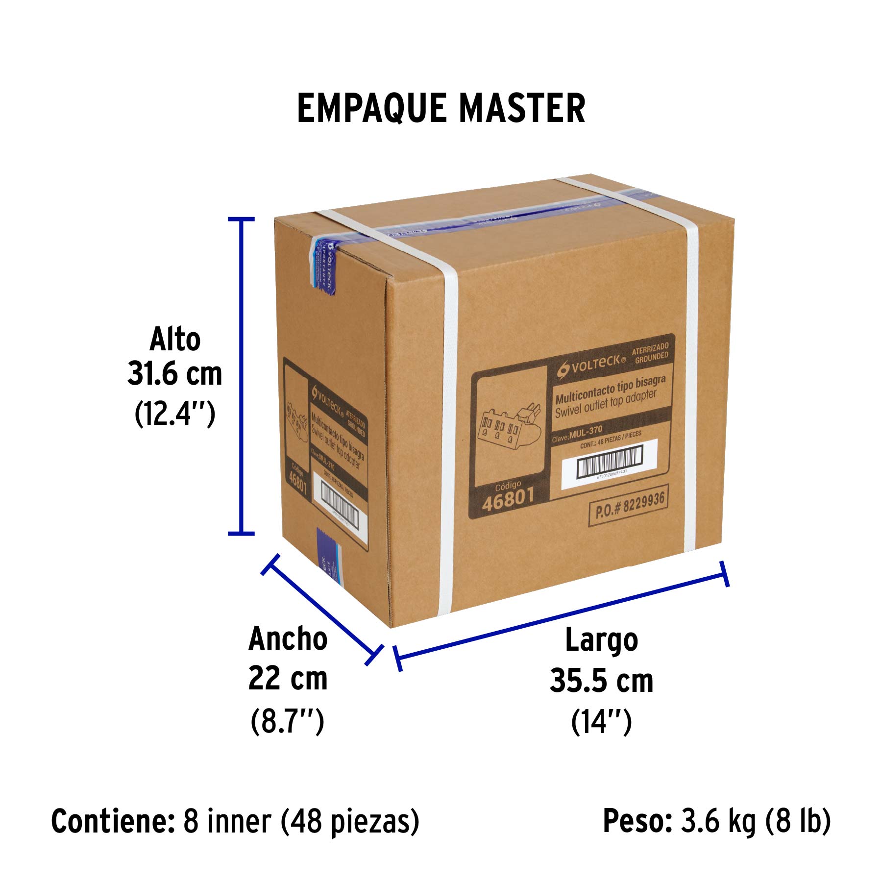 Multicontacto triple aterrizado, tipo bisagra, VOLTECK - Empaque