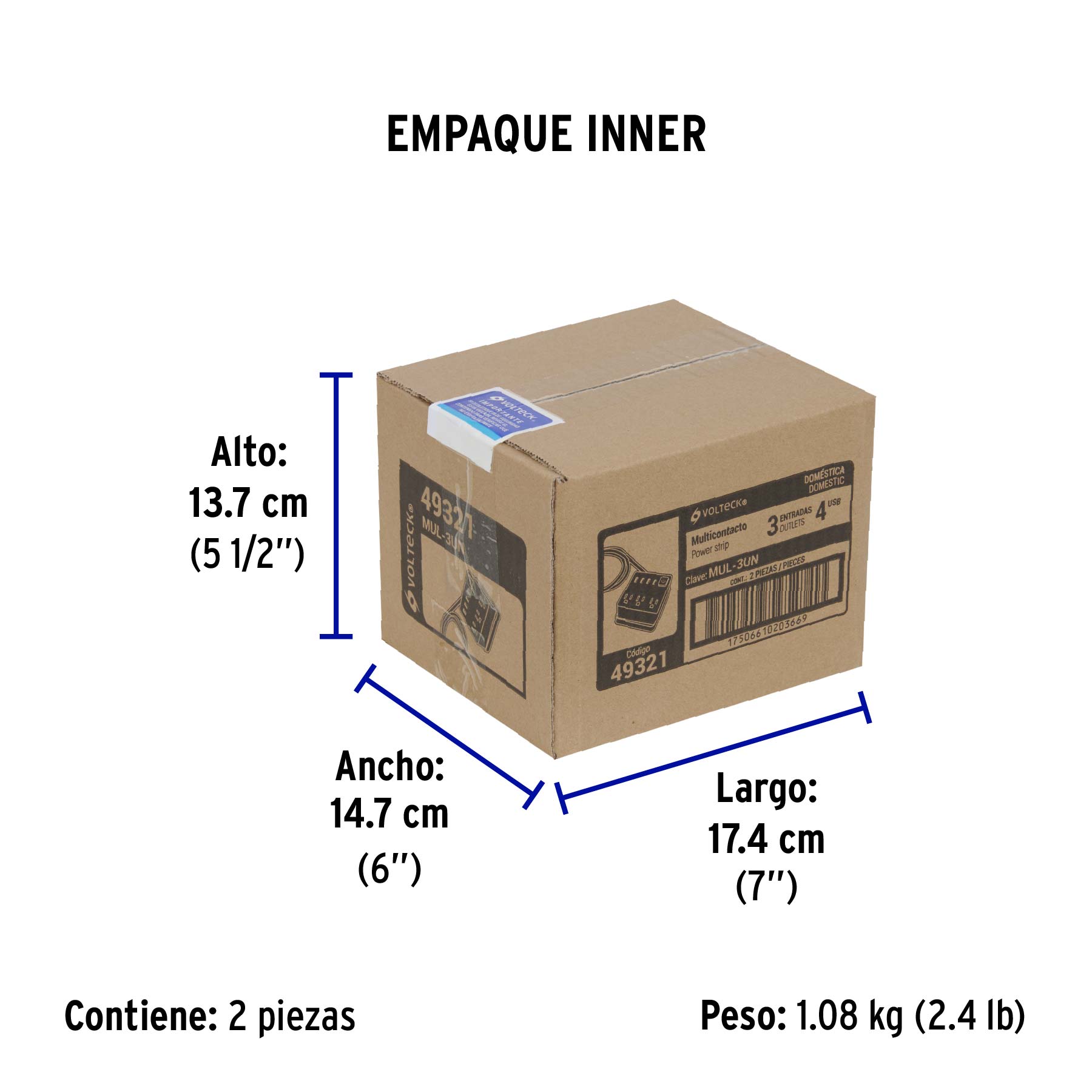 Multicontacto 16 AWG doméstico, 3 entradas 4 ptos USB, negro - Empaque