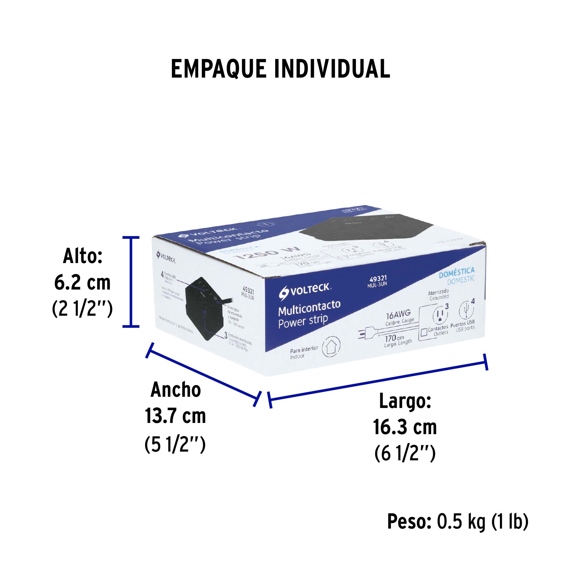Multicontacto 16 AWG doméstico, 3 entradas 4 ptos USB, negro - Empaque