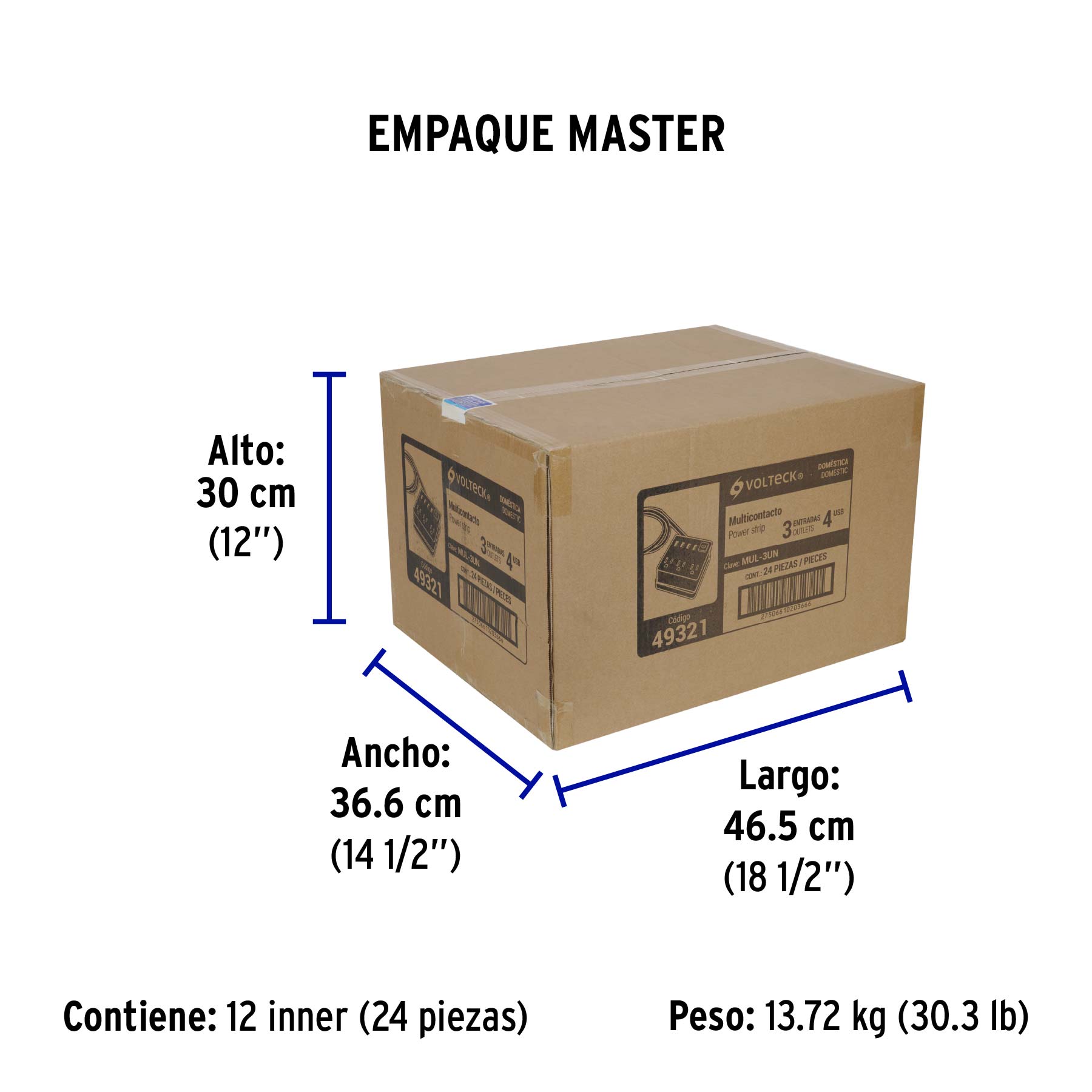 Multicontacto 16 AWG doméstico, 3 entradas 4 ptos USB, negro - Empaque